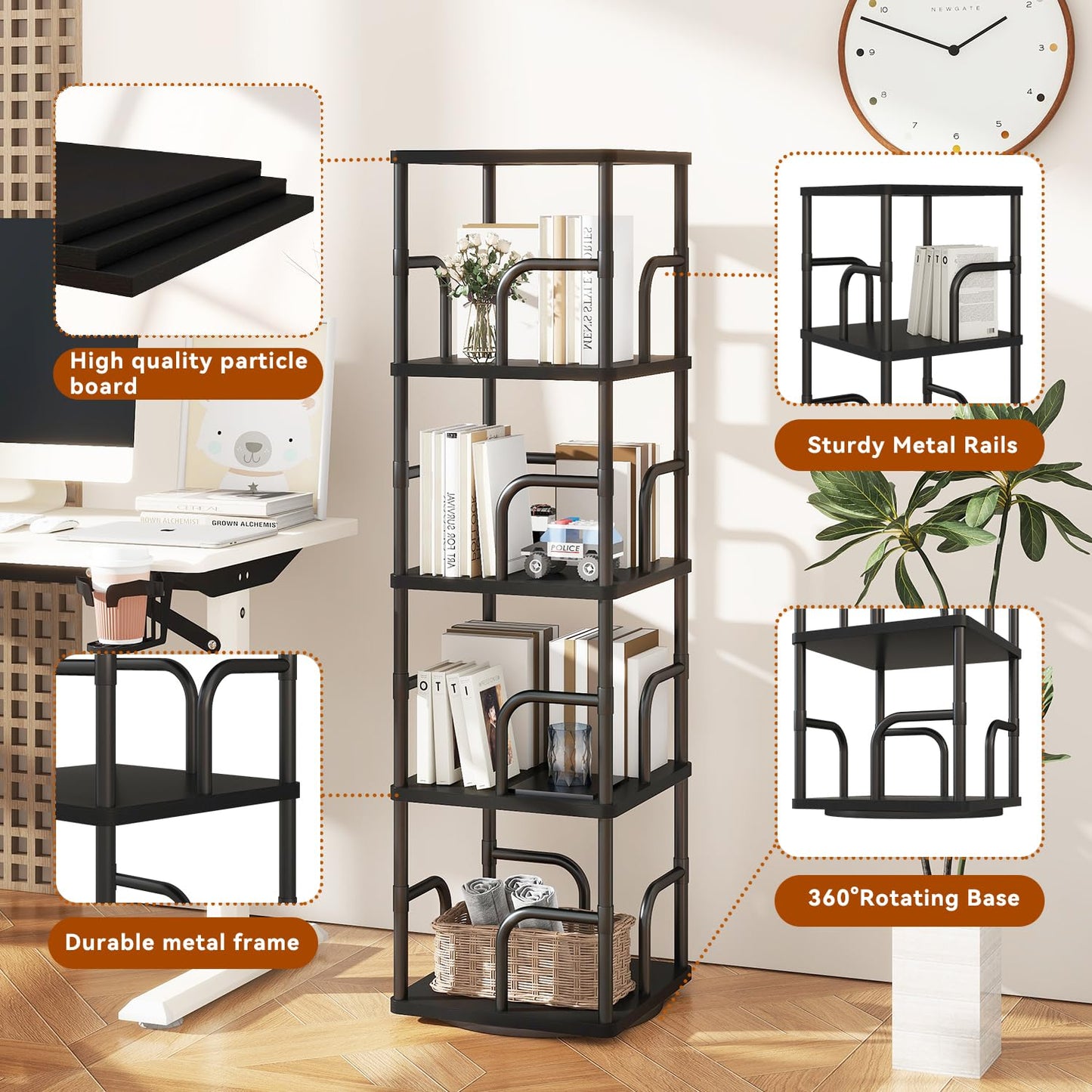 IBUYKE 5 Tier Rotating Bookshelf,Square Bookcases,Black TBC004B
