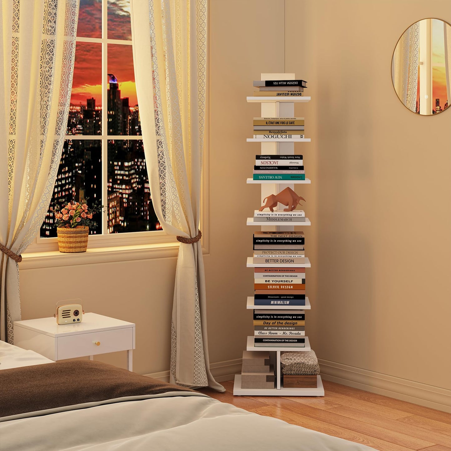 TUTOTAK Vertical Bookshelf, 8-Tier Bookcase, Narrow Spine Book Shelf for Small Space, Corner Standing Shelf for Living Room, Office, Study, Entryway