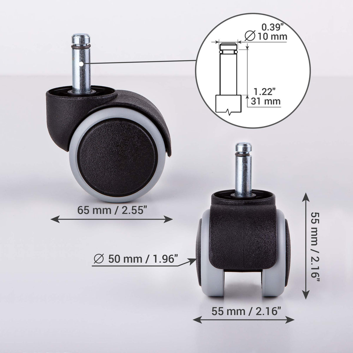 50 mm Rubber Chair Wheels Office Chair Castors Replacement Wheels Twin Castors Swivel Wheels Universal Stems for Replacement Casters No