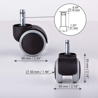 50 mm Rubber Chair Wheels Office Chair Castors Replacement Wheels Twin Castors Swivel Wheels Universal Stems for Replacement Casters No