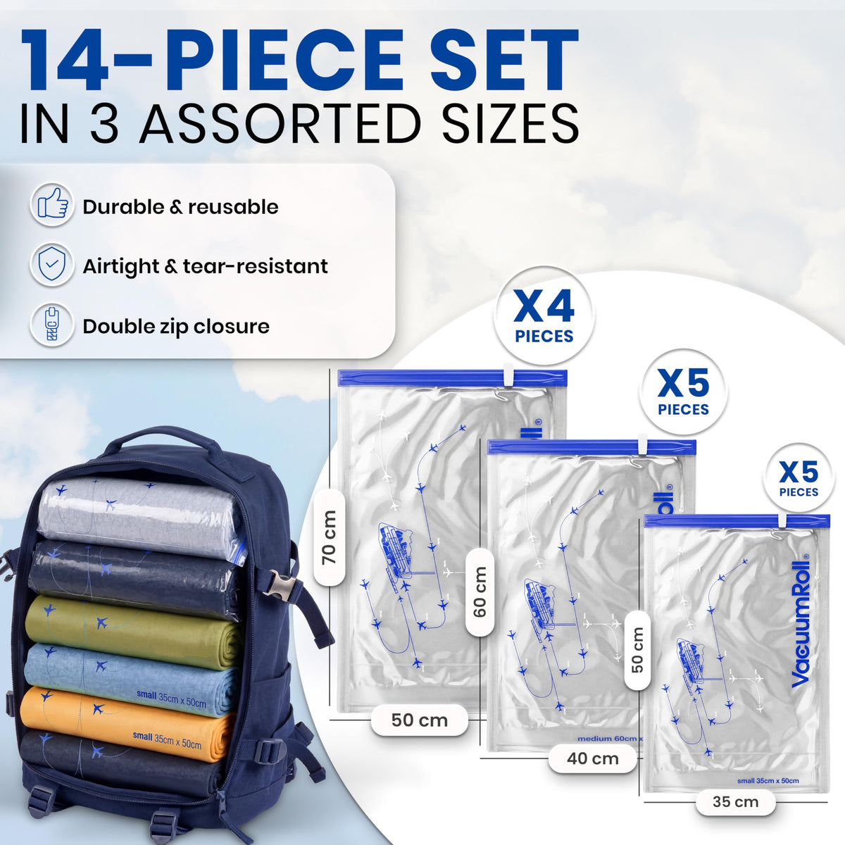myHodo Vacuum Compression Bags for Rolling 14 Pieces - Versatile Travel Bags for Suitcase & Backpack, Reusable Storage Solution, Durable & Hygienic
