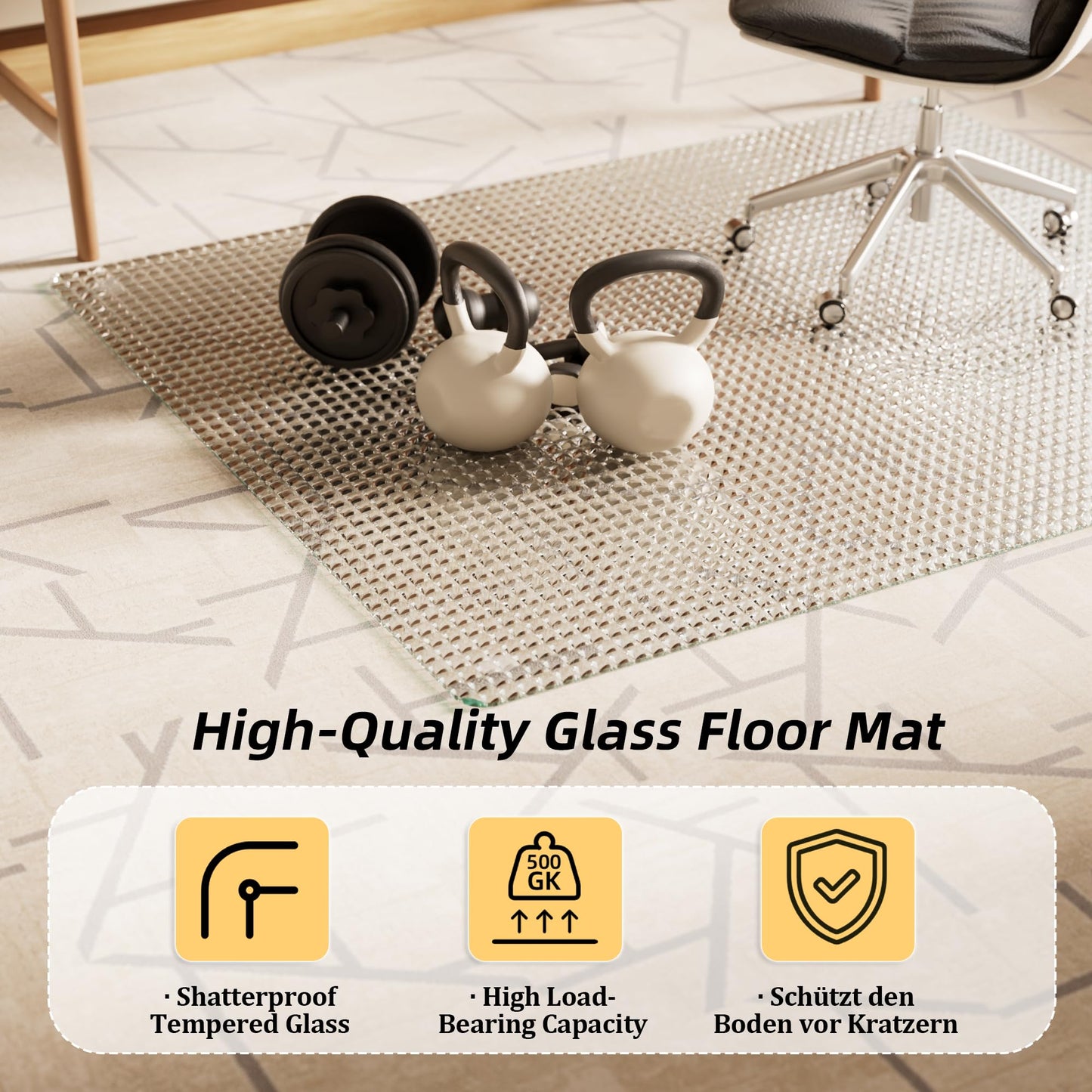 Koonmi Tempered Glass Chair Mat, 116 x 90 cm, Textured