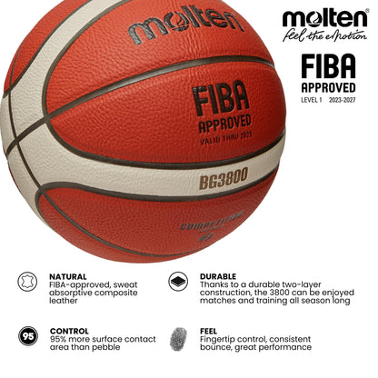 Molten BG3800 Basketball, Indoor, FIBA Approved, Composite Leather, Size 6, Orange/Ivory, Suitable For Boys age 12, 13, 14 and Girls age 14 & Adult