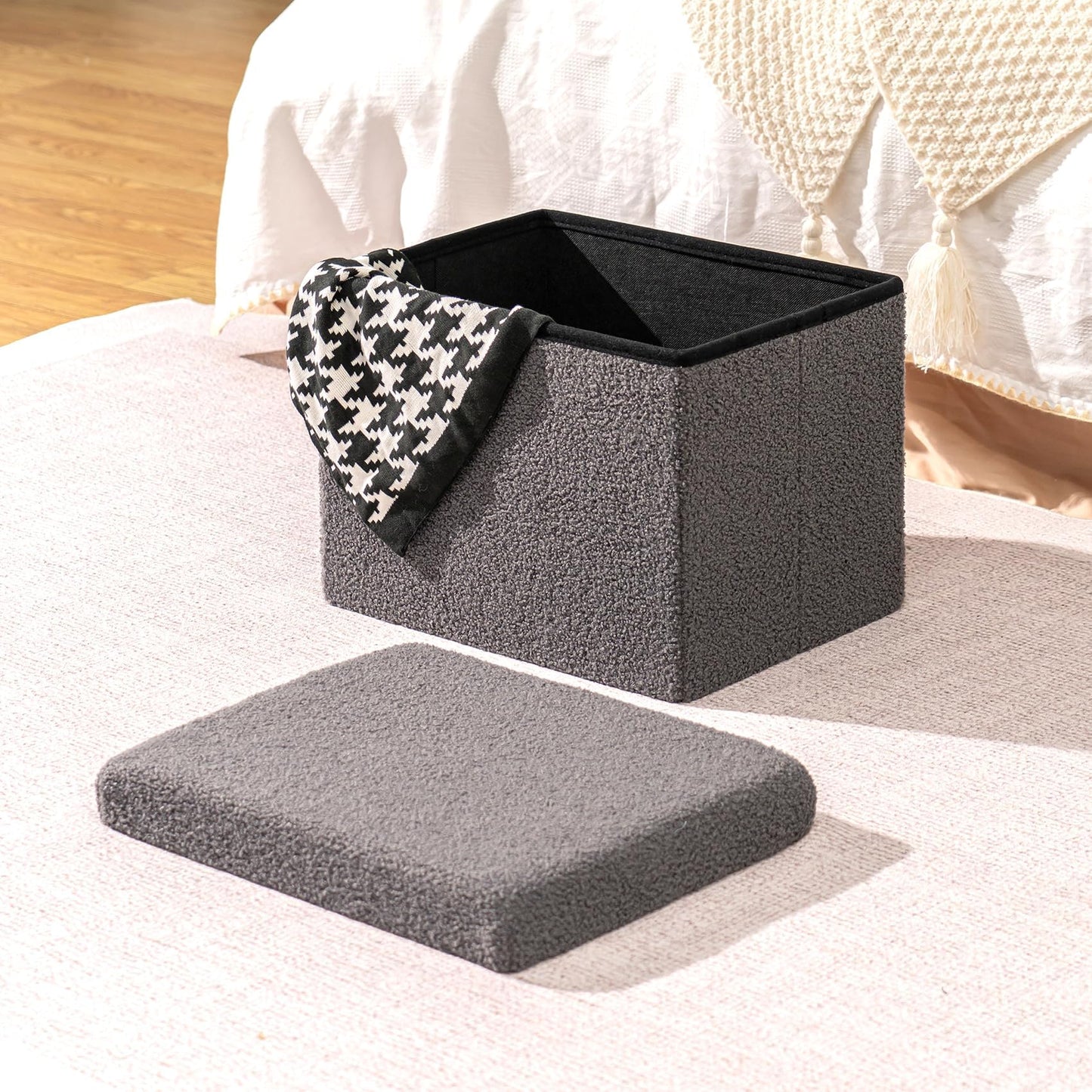 Bonlife Ottoman Seat with Storage,Folding Small Footstool for Living Room,Cube Toy Chest Box,Foot Rest,Sherpa Fabric,Grey,42x32x32cm