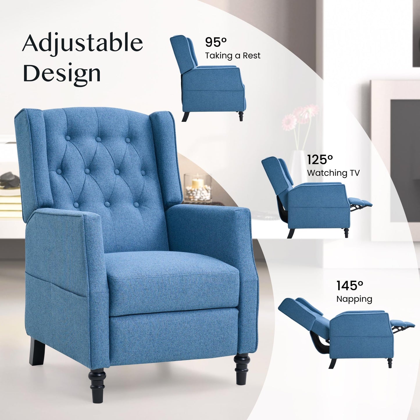 FLEXISPOT Recliner Chair Adjustable Pushback Accent Armchair for Home Relaxation Wing Back Reclining Sofa for Living Room & Bedroom, Blue