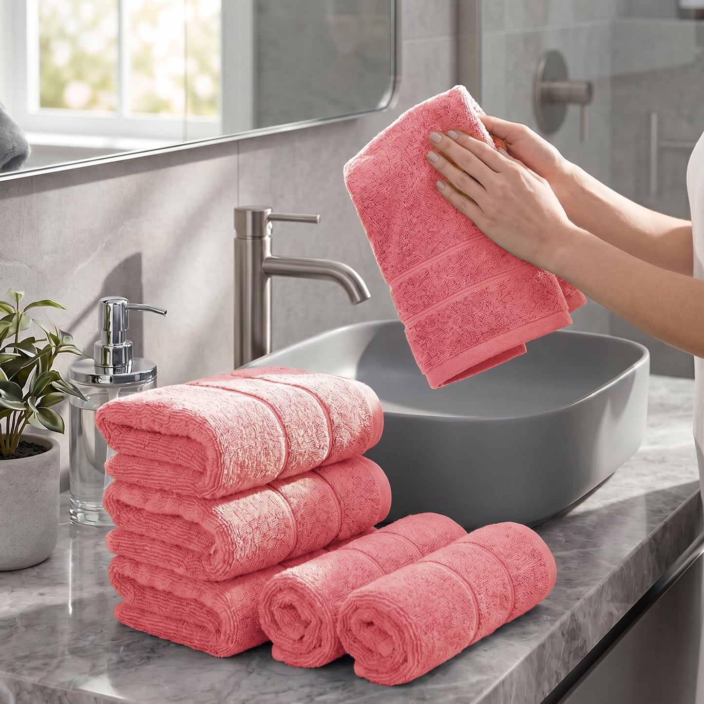 Bathroom Hand Towels 6 Pc Set I Lightweight I Quick-dry I OEKO-TEX I Coral