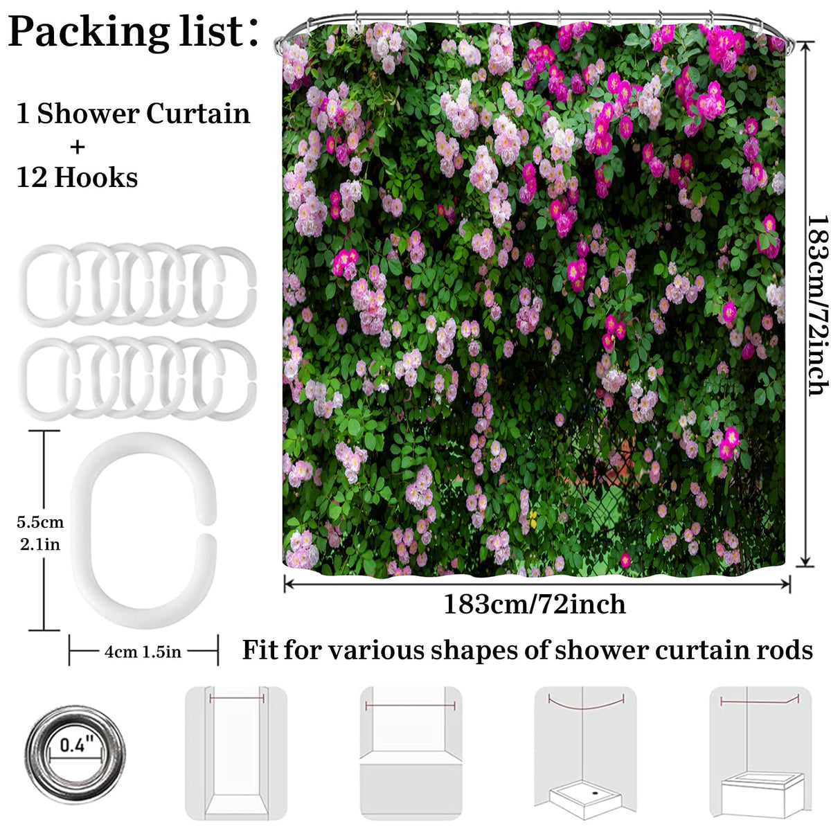 Simpomsy Outdoor 3D Floral Shower Curtain - Pink Garden Scenery Waterproof With Hooks 180x180cm