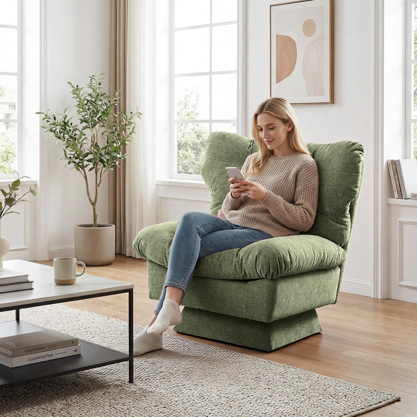 CuteHairy Oversized Swivel Accent Chair – Modern Chenille Cuddle Armchair with Plush Cushion & 360° Rotating Base, 136kg Capacity