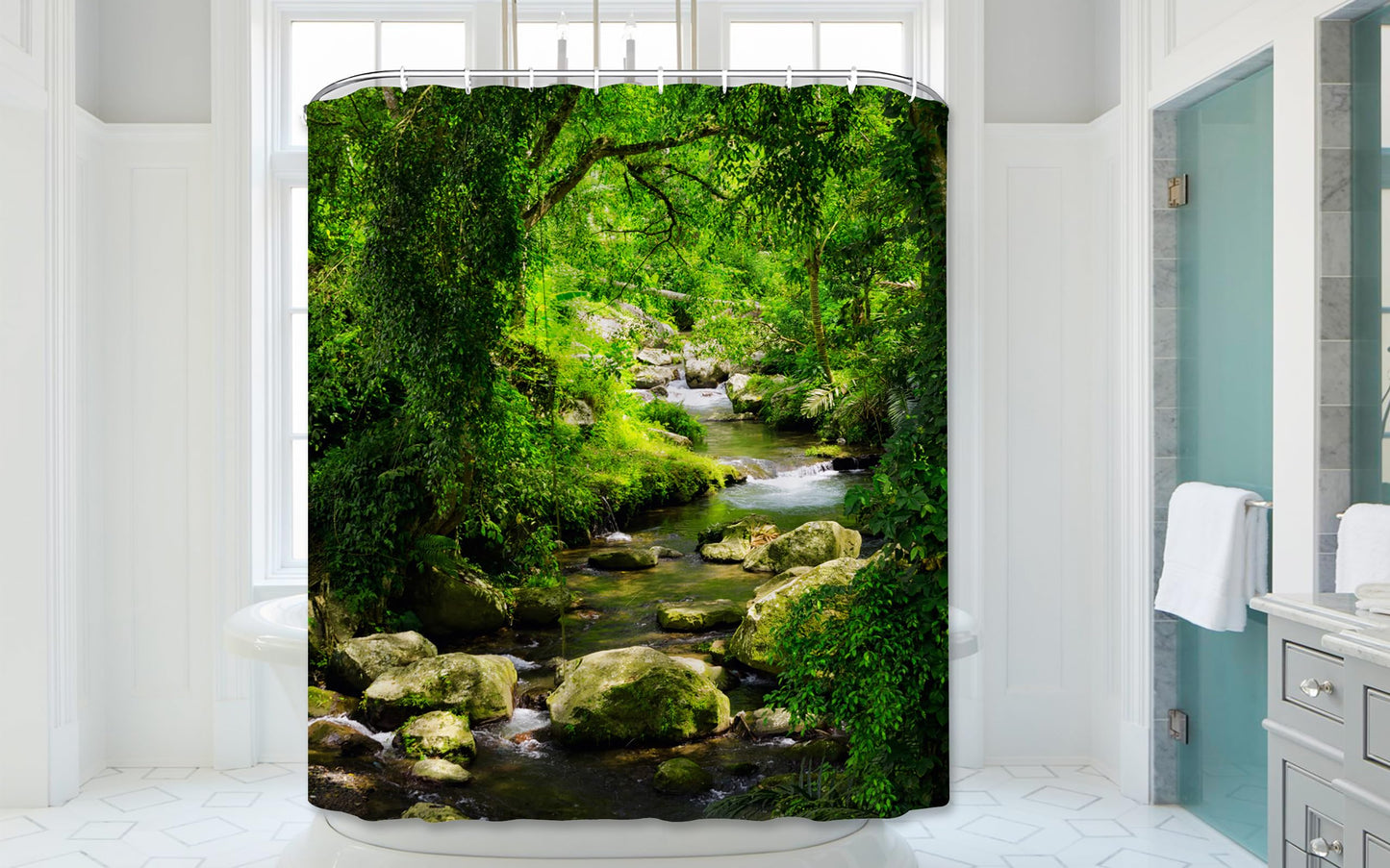 Simpomsy Plants Shower Curtain Green Nature Forest Jungle Tropical Rainforest Summer Landscape Scenery, 3D Digital Painting Pattern For Shower Stall