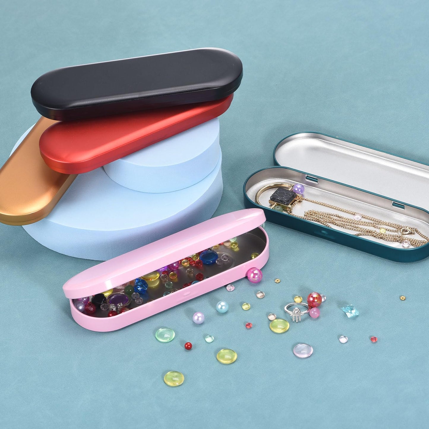 sourcing map 1 Pcs Metal Tin Box Container, 6.9x2.4x0.7 Inch Oval Empty Hinged Lid Box Mini Portable Storage Containers for Candy Drawing Pin Crafts