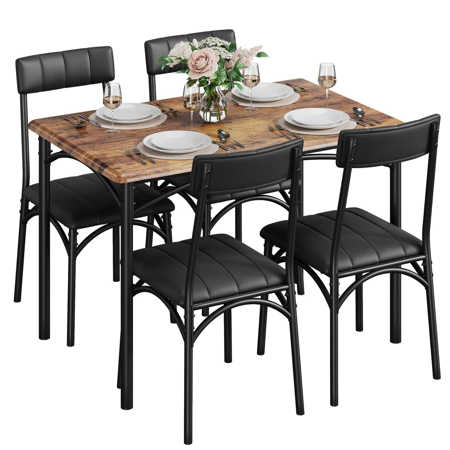 Crevyteg Modern 5-Piece Dining Table Set for 4, Sturdy Steel Frame Dining Table and Upholstered Chairs