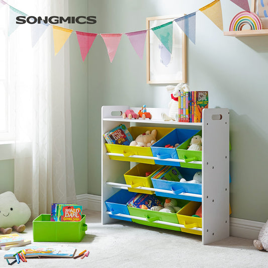 SONGMICS Toy Organiser with 9 Removable Non-Woven Fabric Bins, Kids Storage Unit and Bookshelf for Nursery Playroom, Wooden Frame with Shelf, White