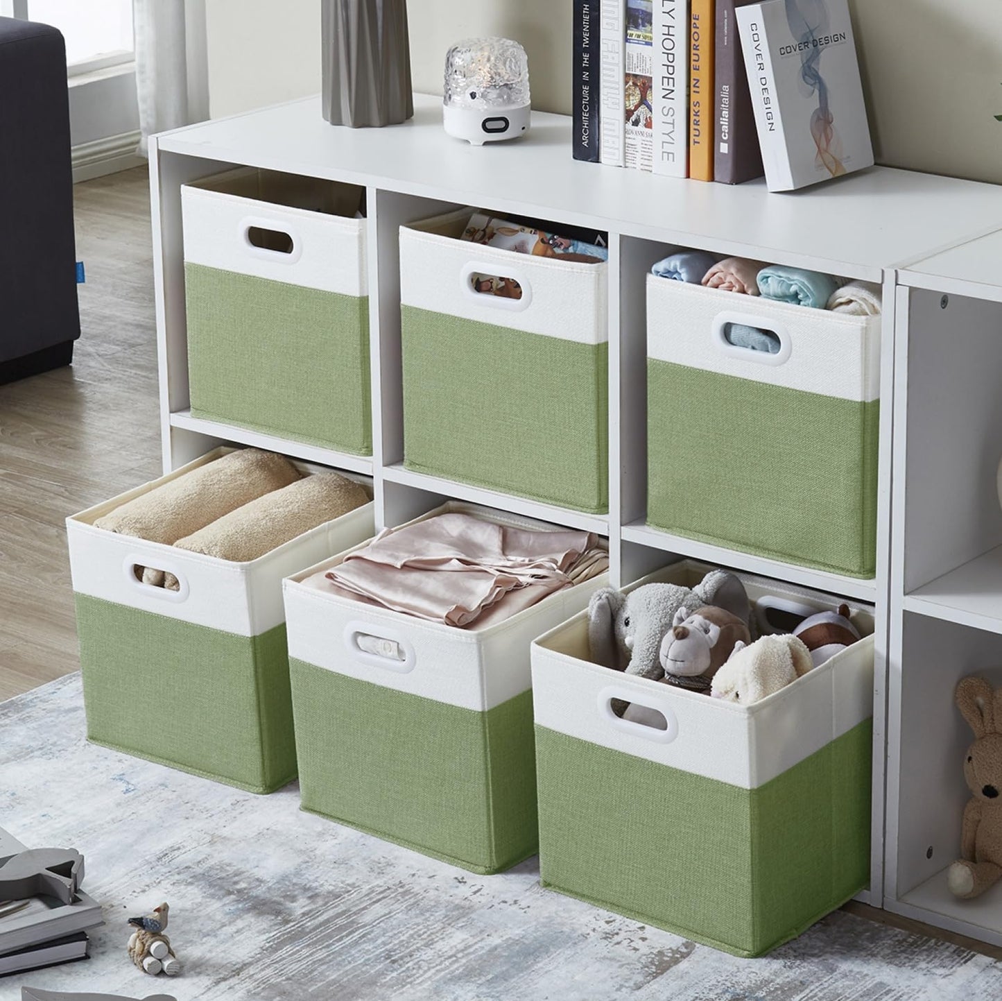 SOCOHOME Fabric Cube Storage Boxes,28x28x28cm Foldable Storage Baskets for Toys Nursery Closet(Green/White, Set of 3)