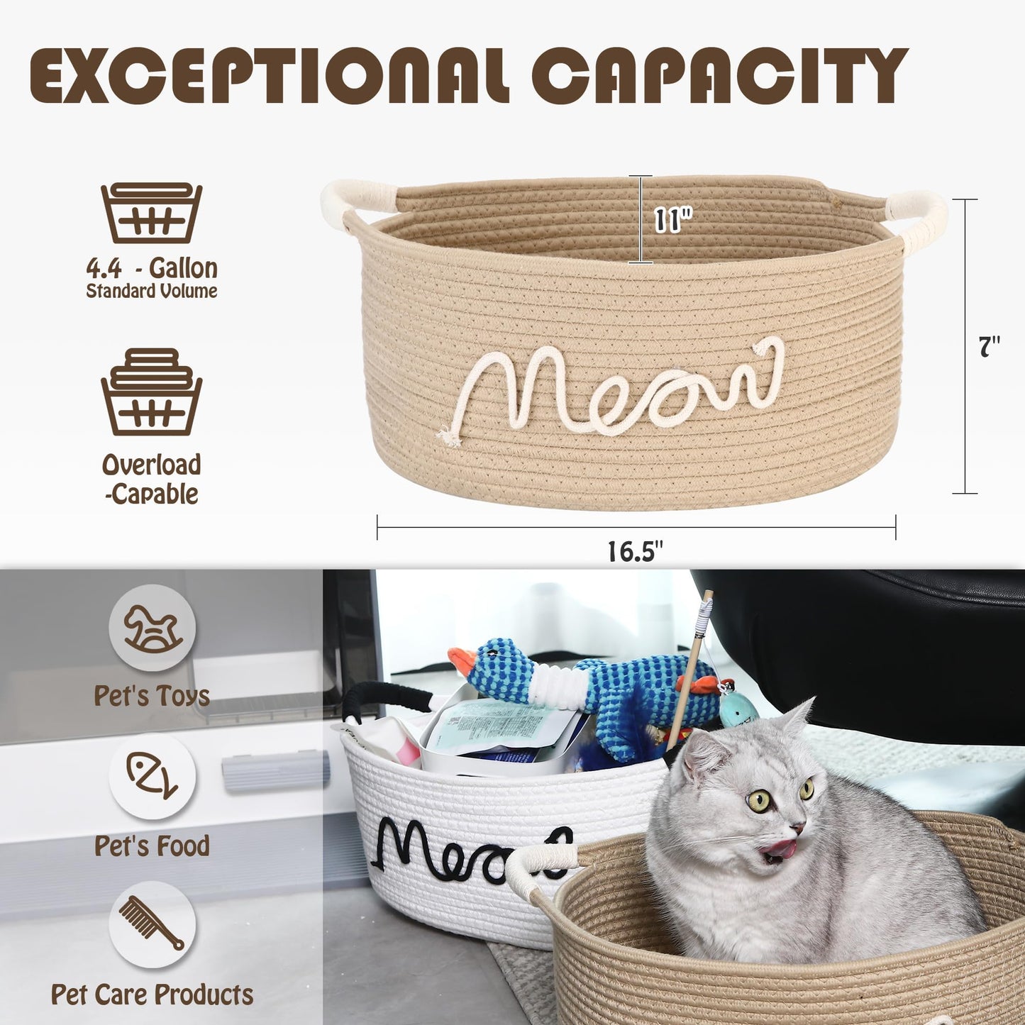 Sea Team Beige Meow Cotton Rope Storage Bin Pet Toy Food Shelf Basket
