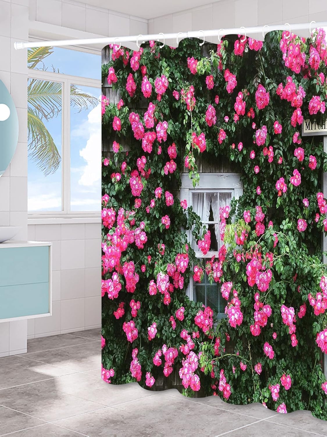 Gaakvrr Roses Cottage Shower Curtain, Window Flowers Curtain, 3D Garden Shower Curtain Washable Waterproof Curtains Set with 12 Hooks for Bathroom