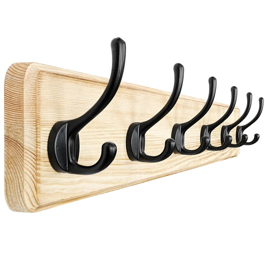 Dseap Coat Rack Wall: 60cm Long, Patented, Heavy-Duty, 6-Double-Hooks Wooden Wall Mounted Coat Rack Coat Hanger Hook Rail for Winter Coats Hat Jacket