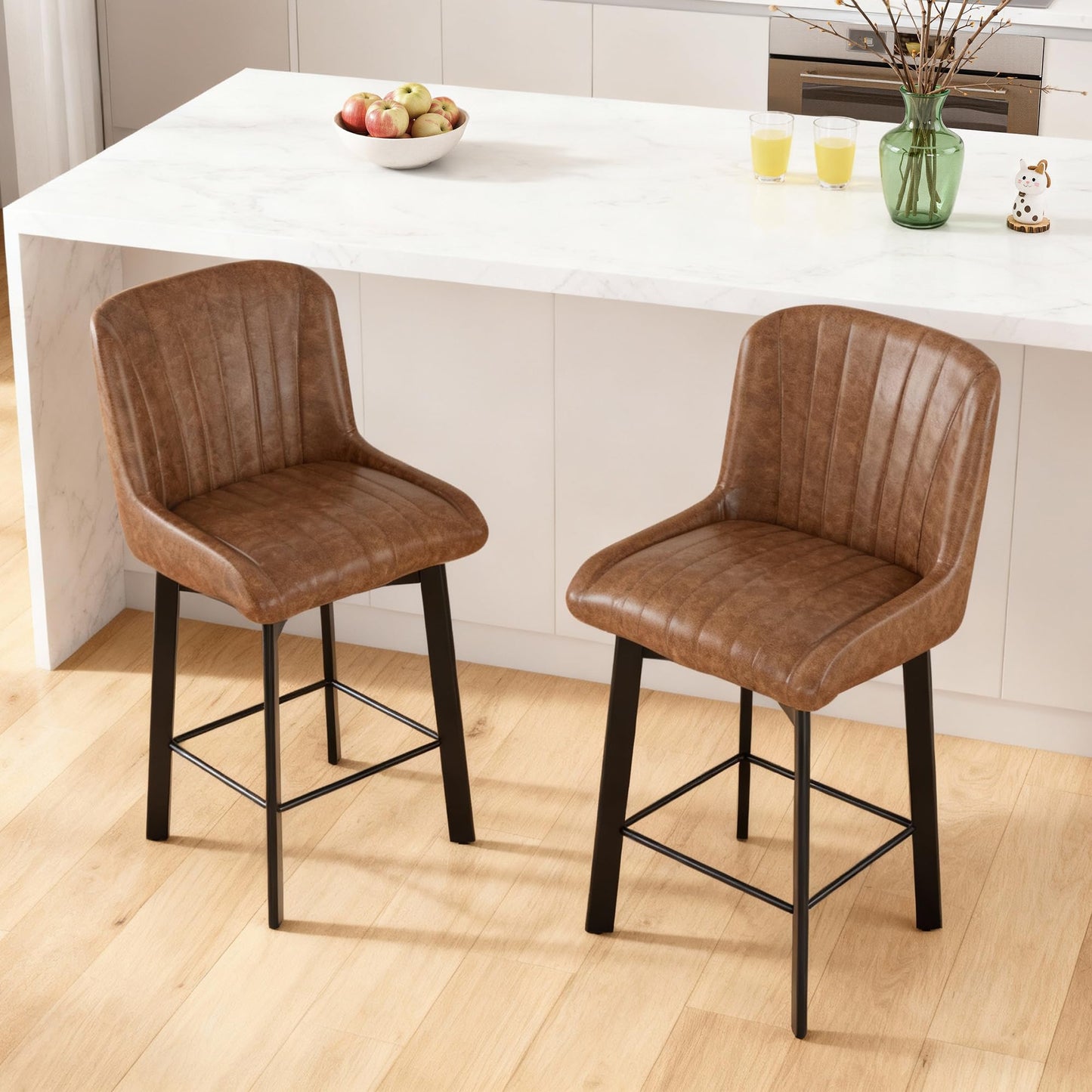 BonVache Bar Stools Set of 2, Swivel Breakfast Barstools, Kitchen Island Counter Stools for Breakfast Home Kitchen Restaurant Dining Room, Brown