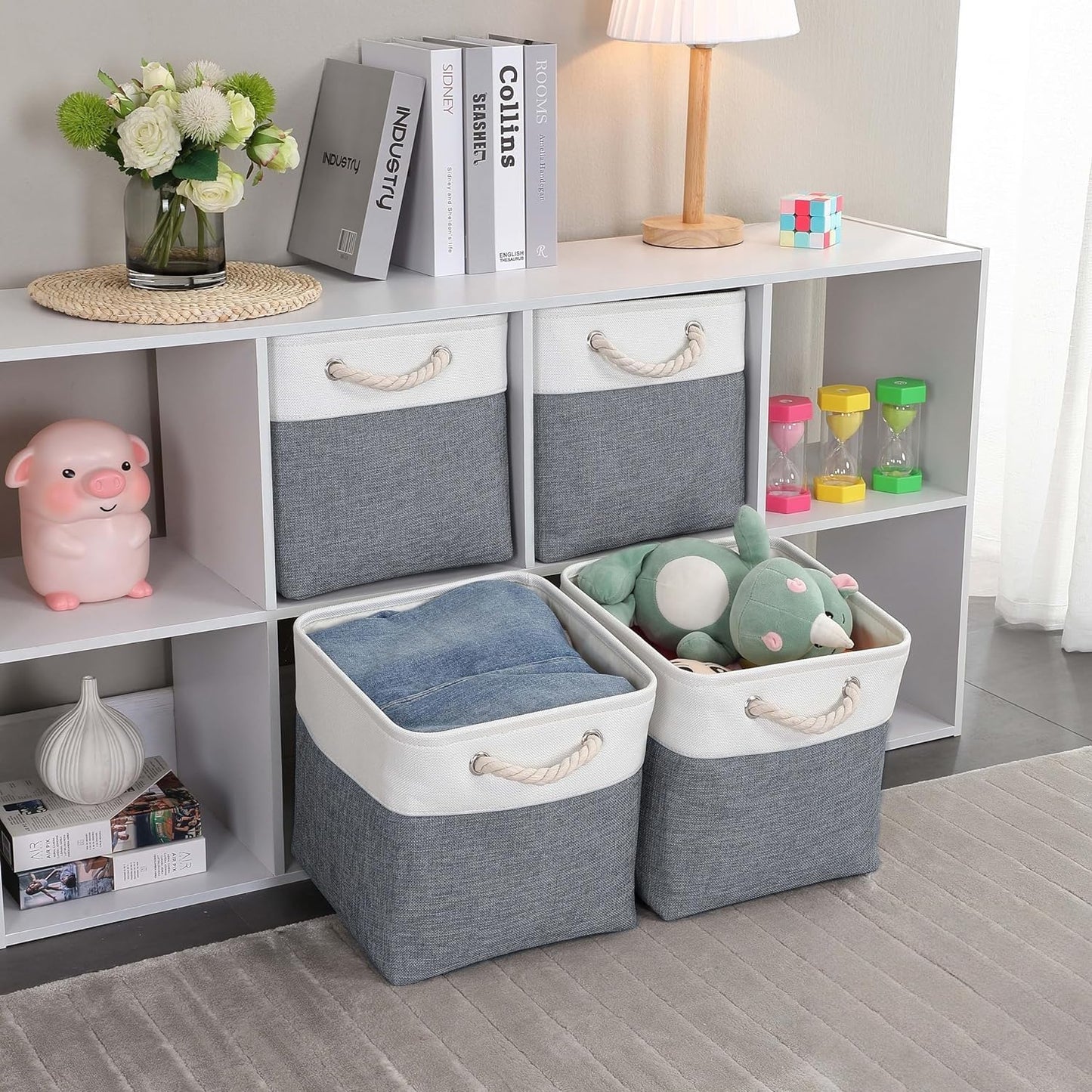 Mangata Canvas Storage Boxes, 28x28x28cm Fabric Storage Baskets for Shelves Organizing Clothes Nursery Home (Cold Grey&White, Set of 3)