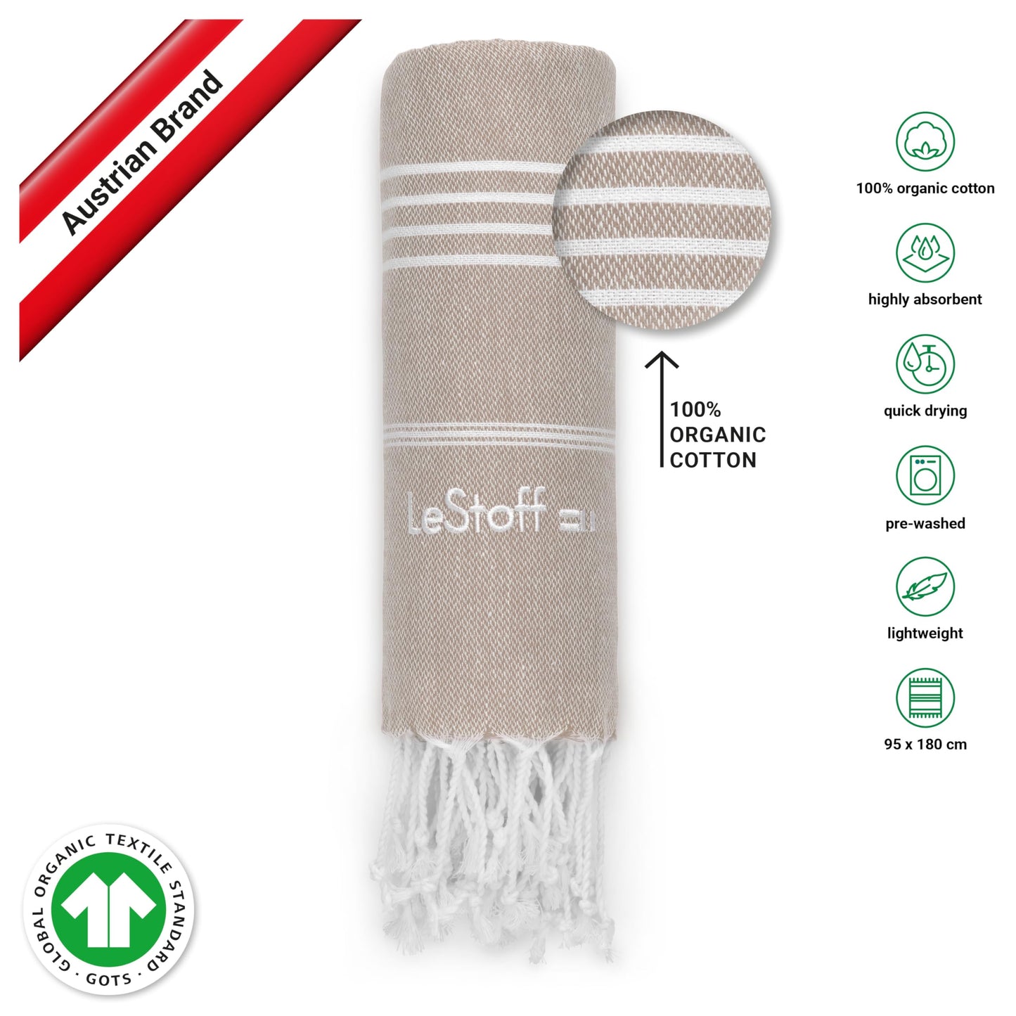 LeStoff 2 Hammam Towels/Beach Towels, Organic Cotton, 95x180, Fuchsia/Beige