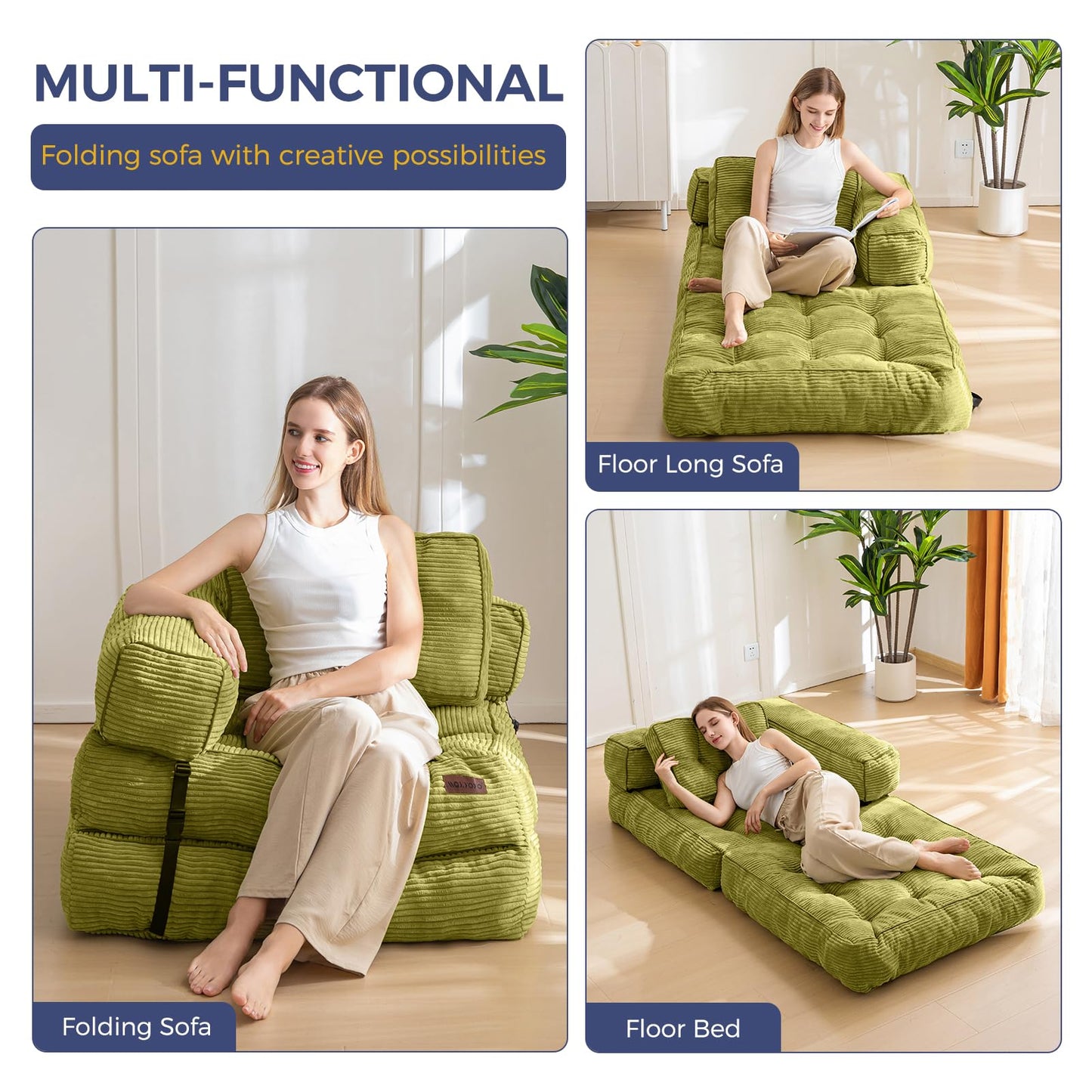 MAXYOYO Foldable Sofa Bed,Bean Bag Couch Convertible Sleeper Chair with Armrest L-Shaped Floor Lounge Sofa with Pillow Portable Lounge Seat for