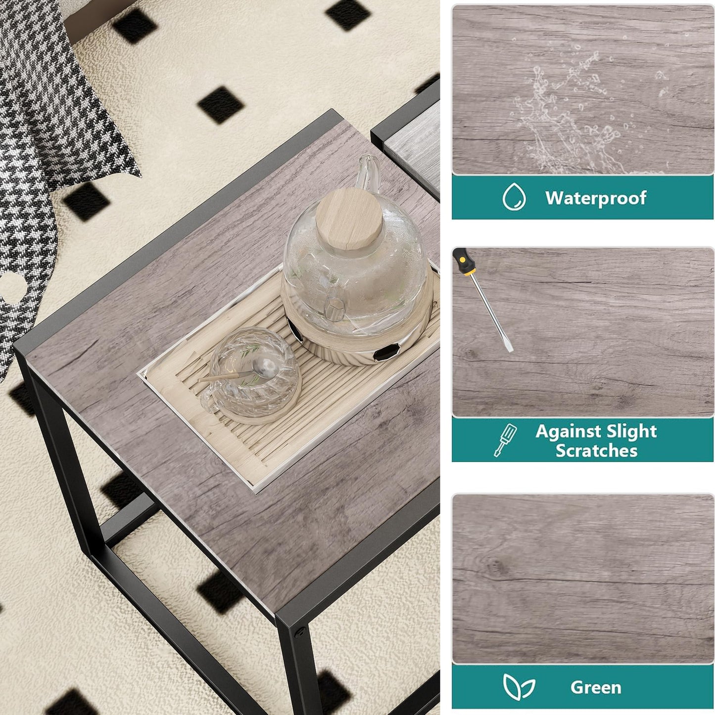 Diahomy Nesting Coffee Table, Set of 3 Stacking Side Tables, Grey