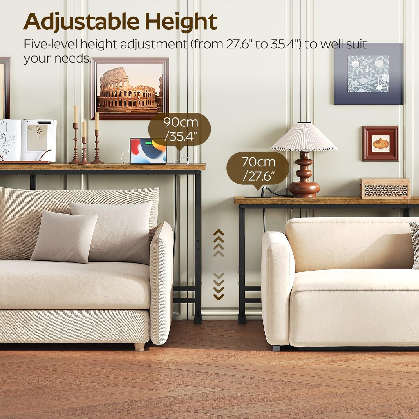 YATINEY 15 cm Slim Console Table, Height-Adjustable Behind Sofa Table, 200 cm Hallway Table, Narrow Long Sofa Table with Power Outlet
