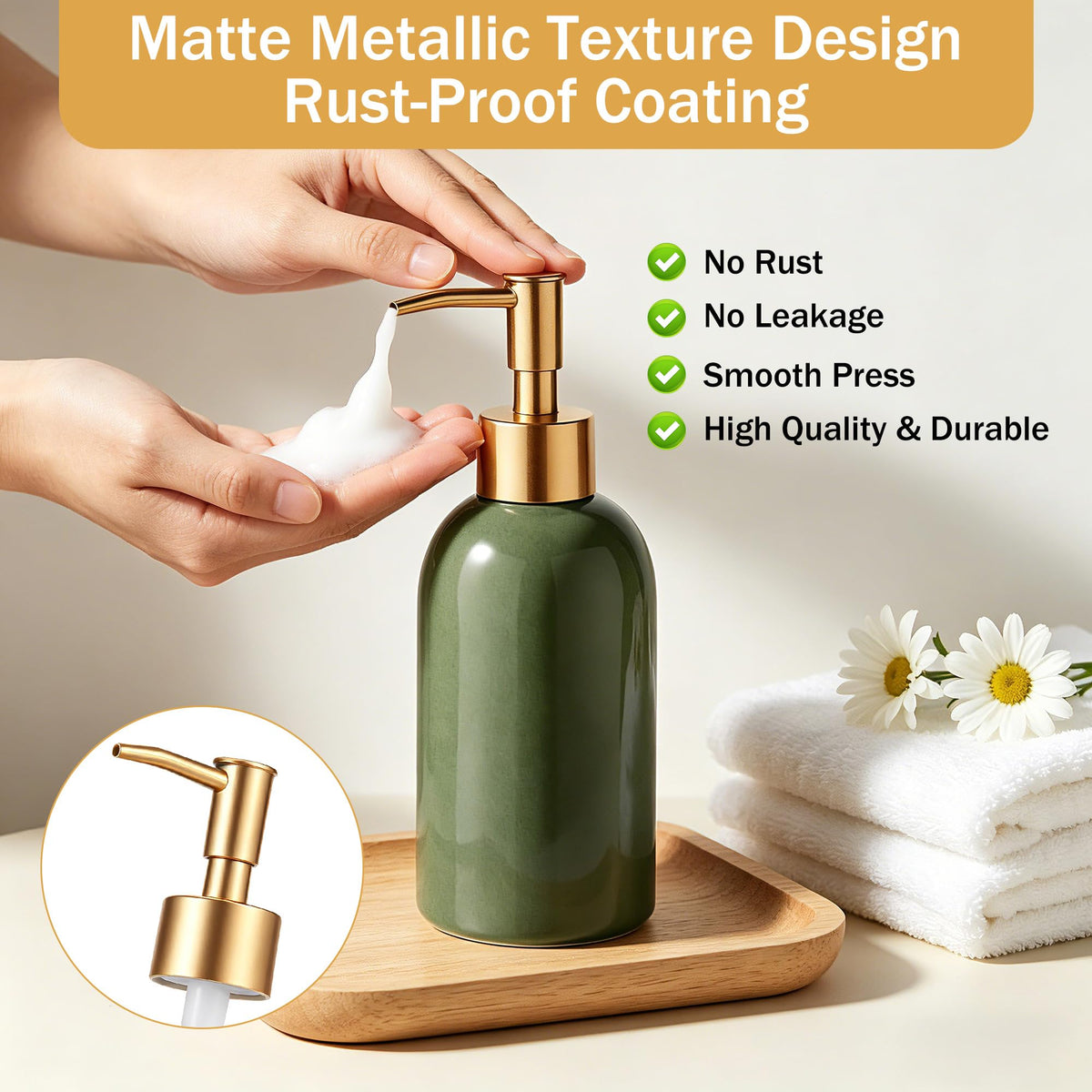 Hejo 350ml Ceramic Soap Dispenser with Matte Gold Pump, Refillable Liquid Hand Wash Soap Dispenser for Laundry Room, Bathroom & Kitchen Green