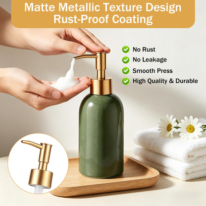 Hejo 350ml Ceramic Soap Dispenser with Matte Gold Pump, Refillable Liquid Hand Wash Soap Dispenser for Laundry Room, Bathroom & Kitchen Green