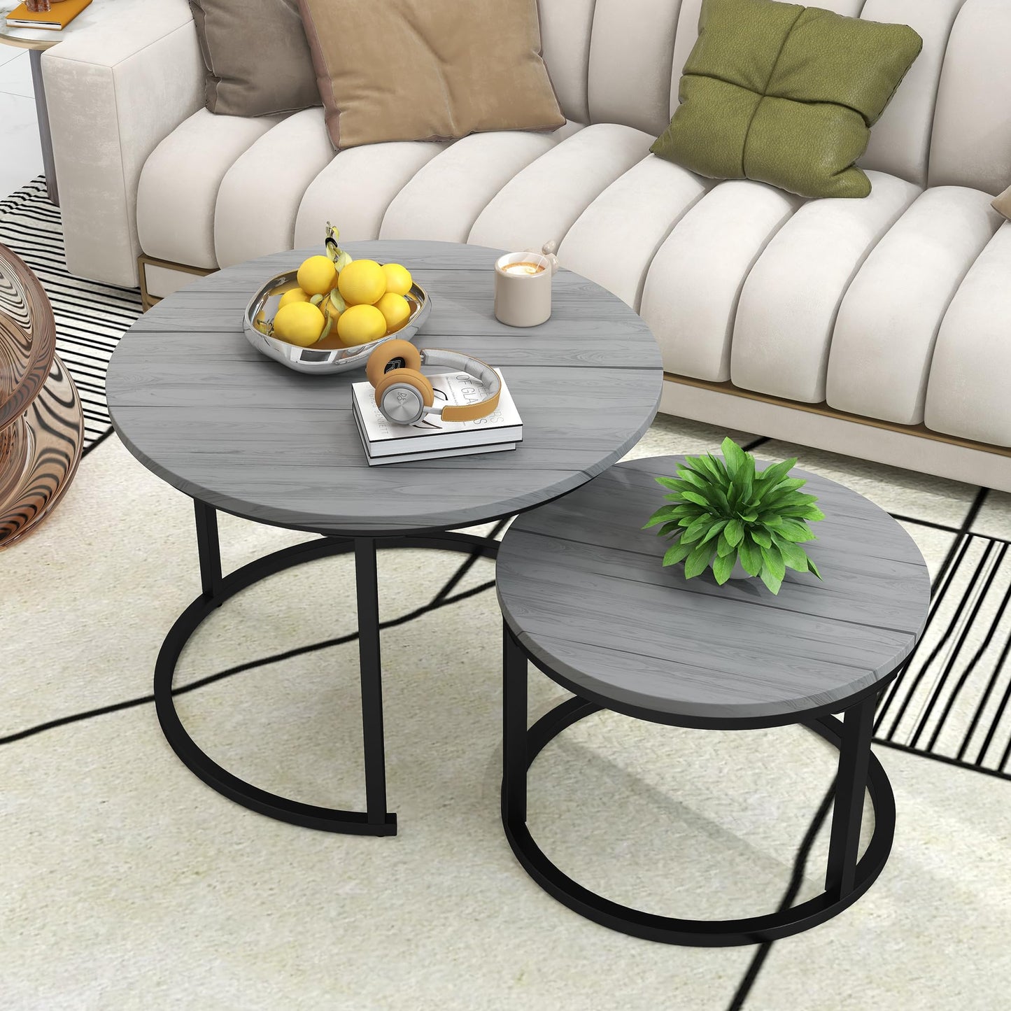 DUMEE Round Coffee Table, Set of 2 Nesting Table Side Table, for Living Room/Bedroom/Balcony (Grey, Dia 60/40cm)