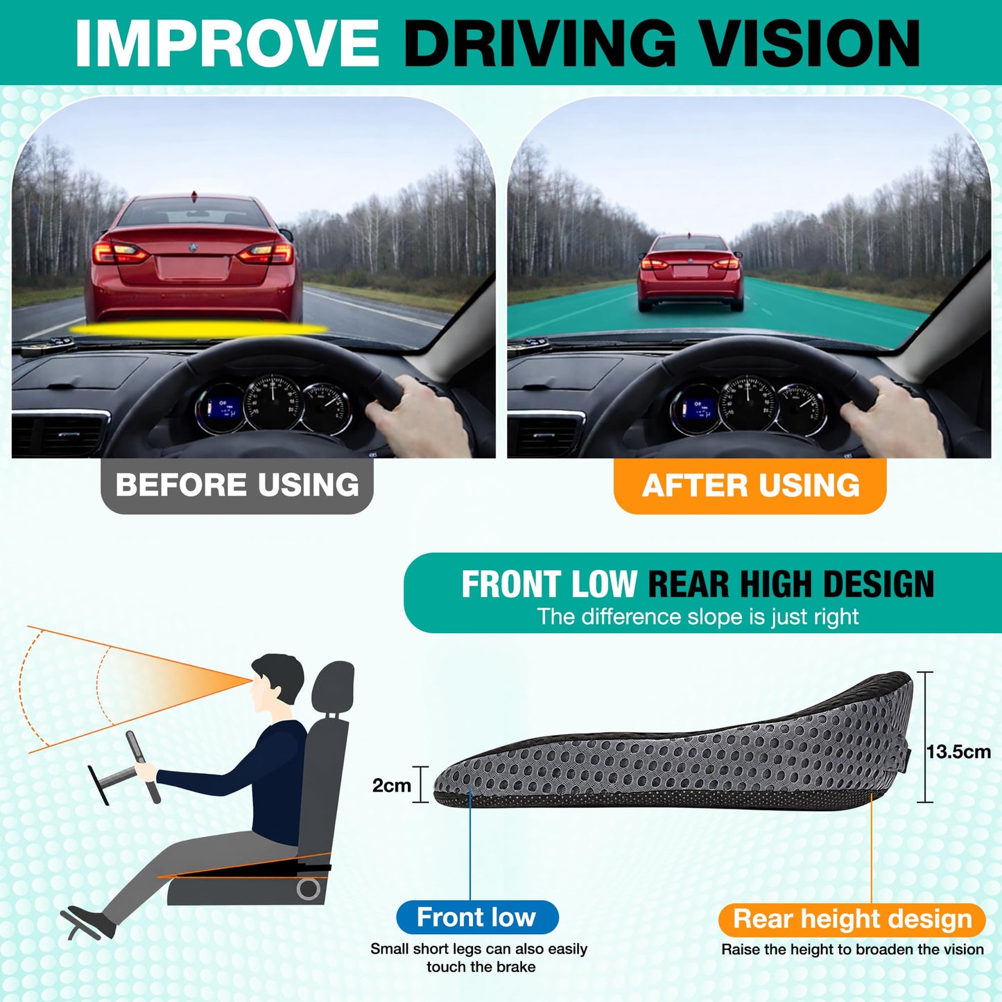 XomRo Car Seat Cushion for Driving Memory Foam Car Wedge Seat Cushion Seat Booster Height Increase Posture Support Breathable 4D Mesh Pad Adjustable