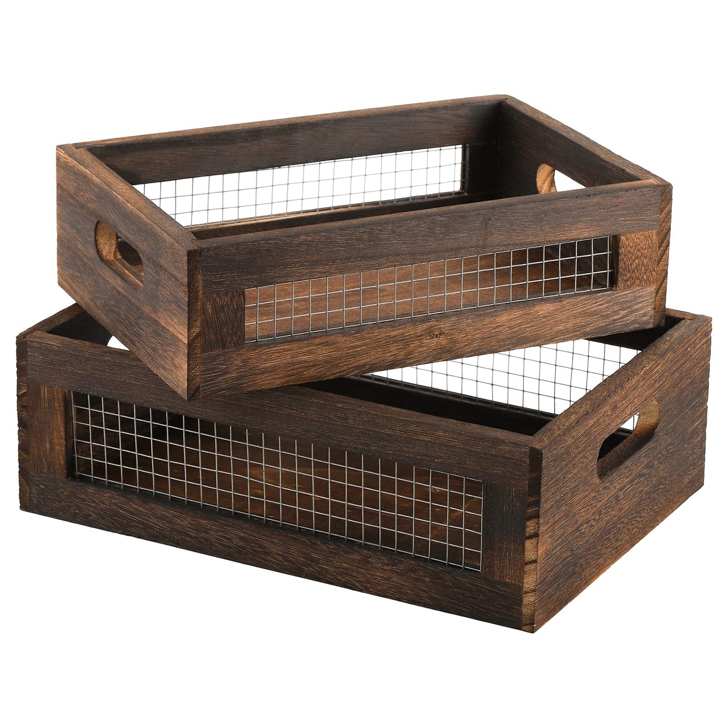 Dicunoy Set of 2 Rustic Wooden Storage Crates, Nesting Organizer Boxes, Small Decorative Wood Wire Containers with Handle for Countertop, Fruit