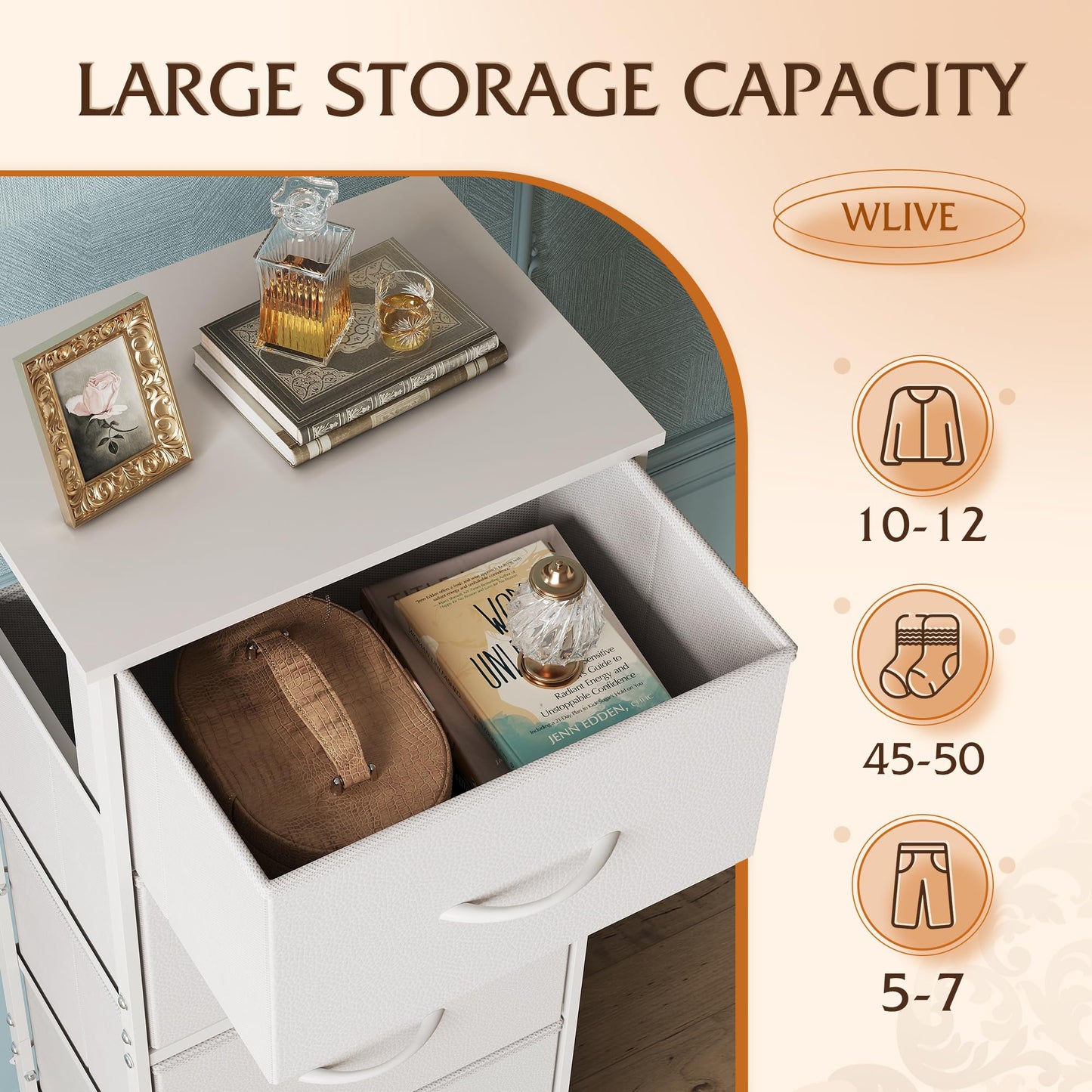 WLIVE White Chest of Drawers, 5 Fabric Drawers Tall Narrow Dresser Bedroom
