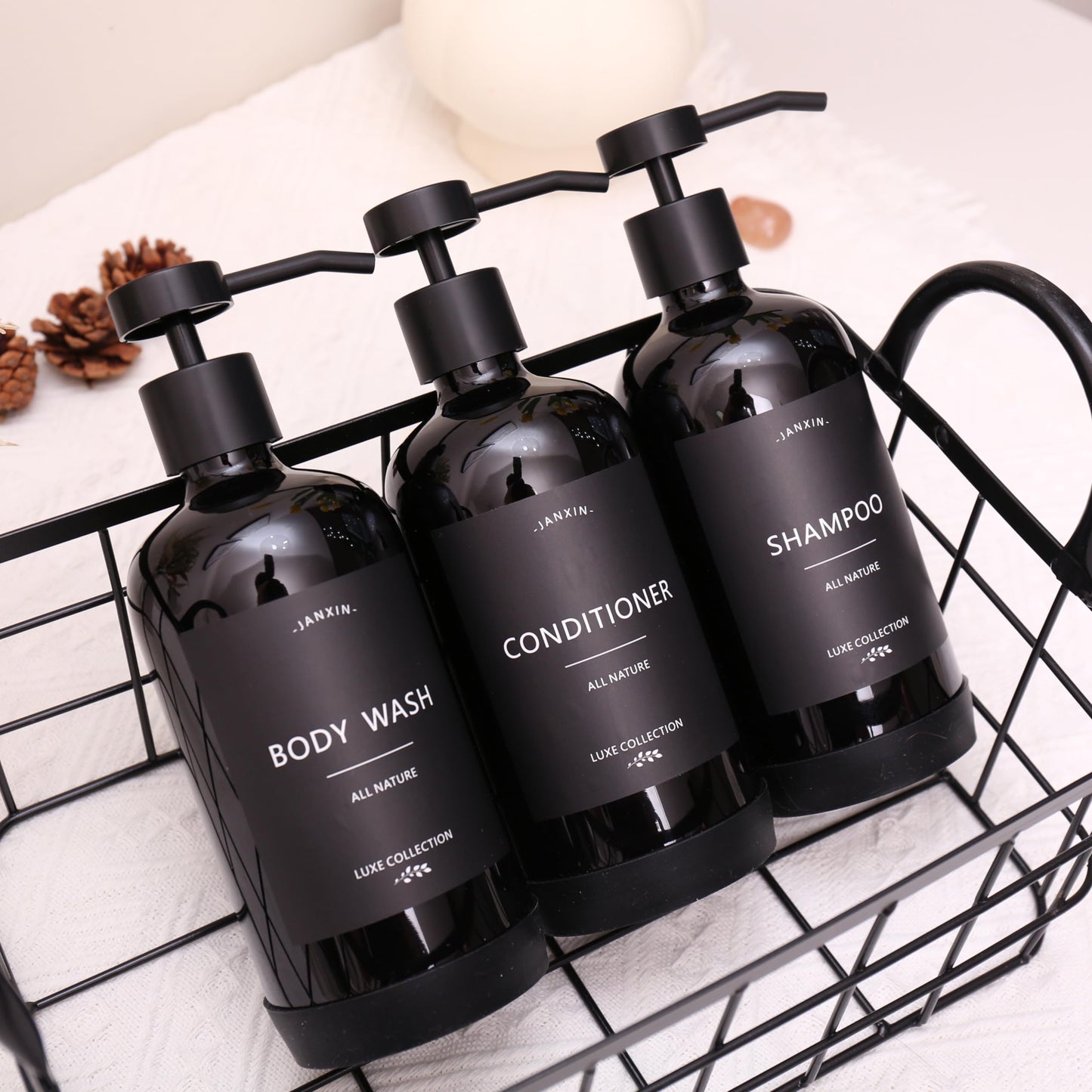 Janxin Shampoo and Conditioner Dispenser Set of 3,Refillable 21oz Shampoo Bottles with Non-Slip Protective Silicone Pad,Shower Soap Dispenser with