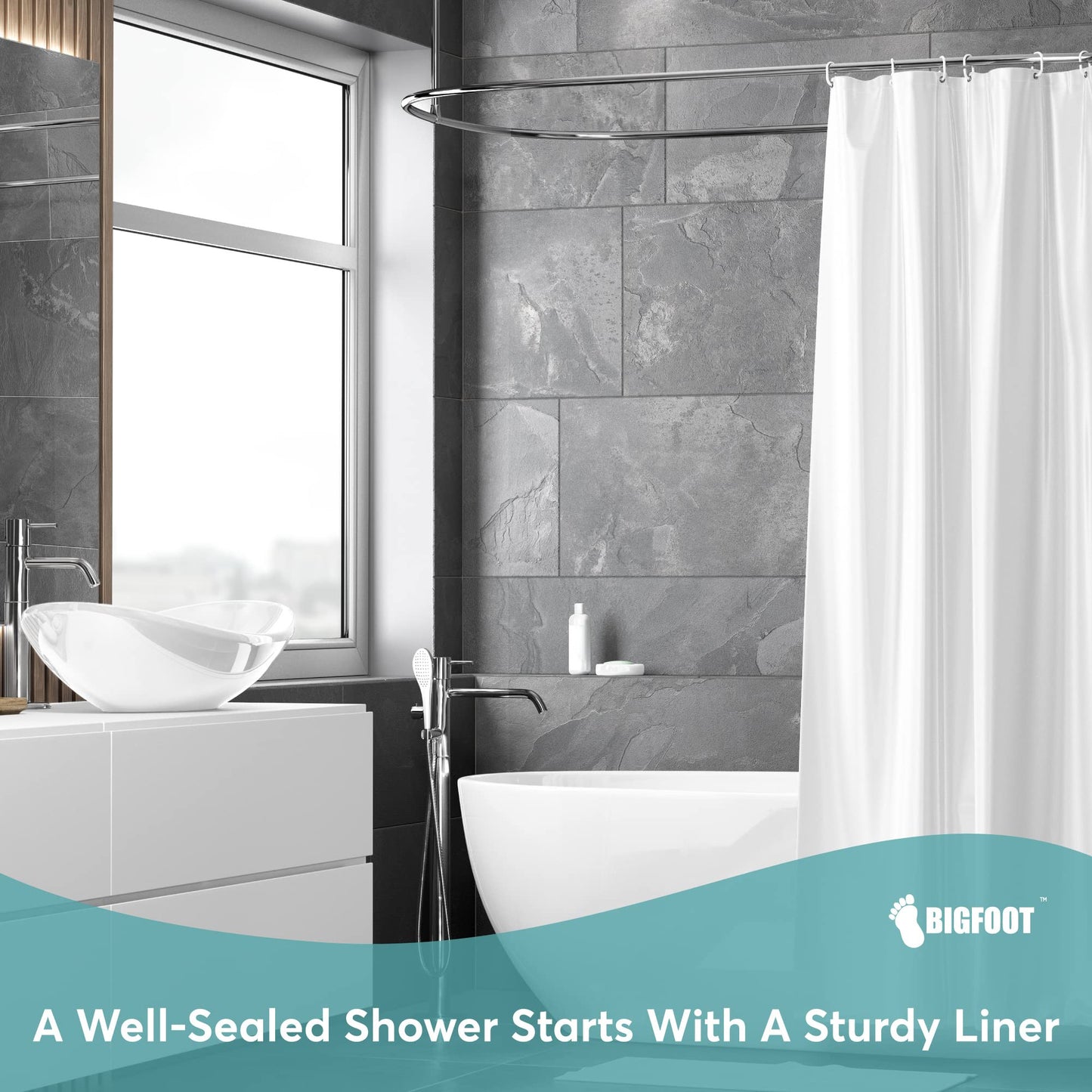 BigFoot Shower Curtain Liner – 72 x 72 PEVA Heavy Duty Shower Curtain with Rustproof Metal Grommet and 3 Magnetic Weights