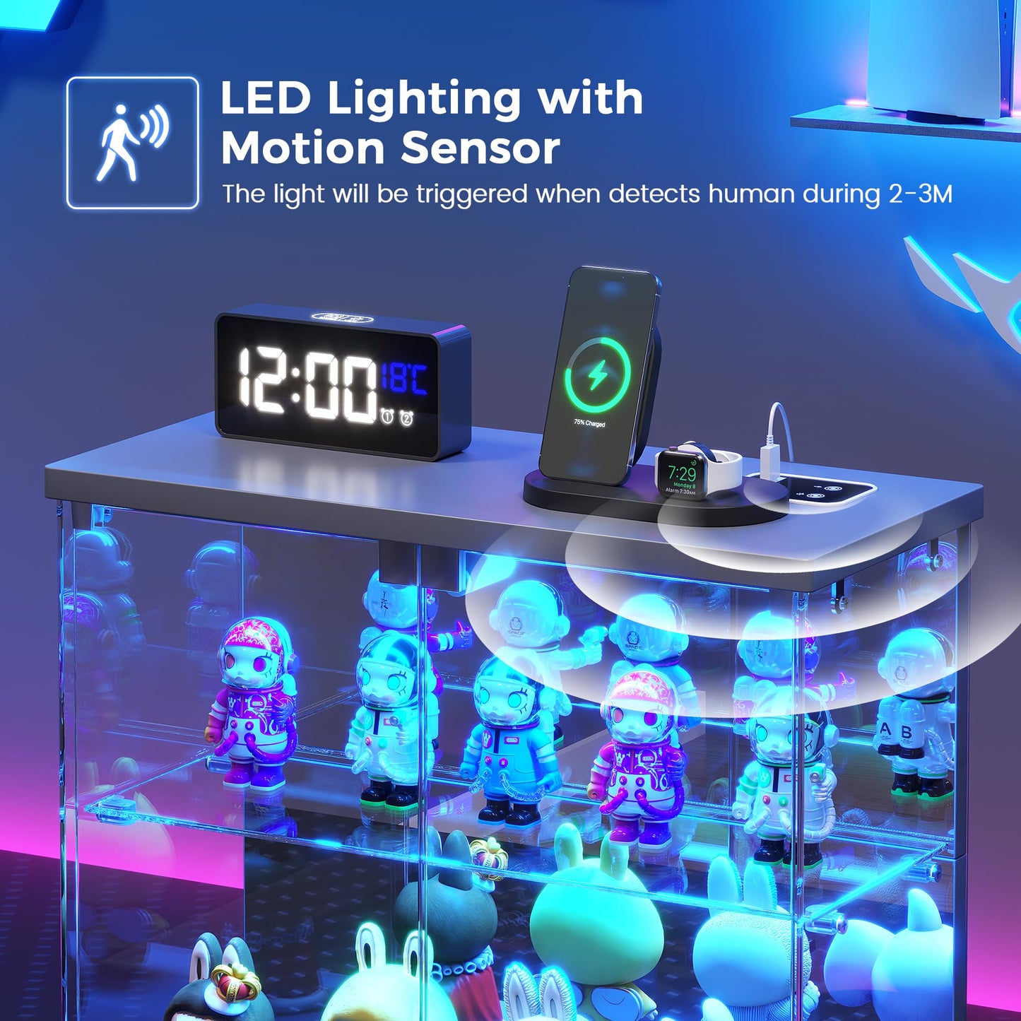 FREDEES Glass Display Cabinet Case with LED Lights, Grey