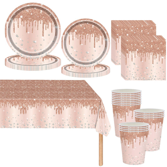 Rose Gold Shiny Glitter Diamond Party Tableware for Women/Girls,81pcs Rosegold Birthday Dinnerware Paper Plates Cups Napkins and Tablecloth Set for