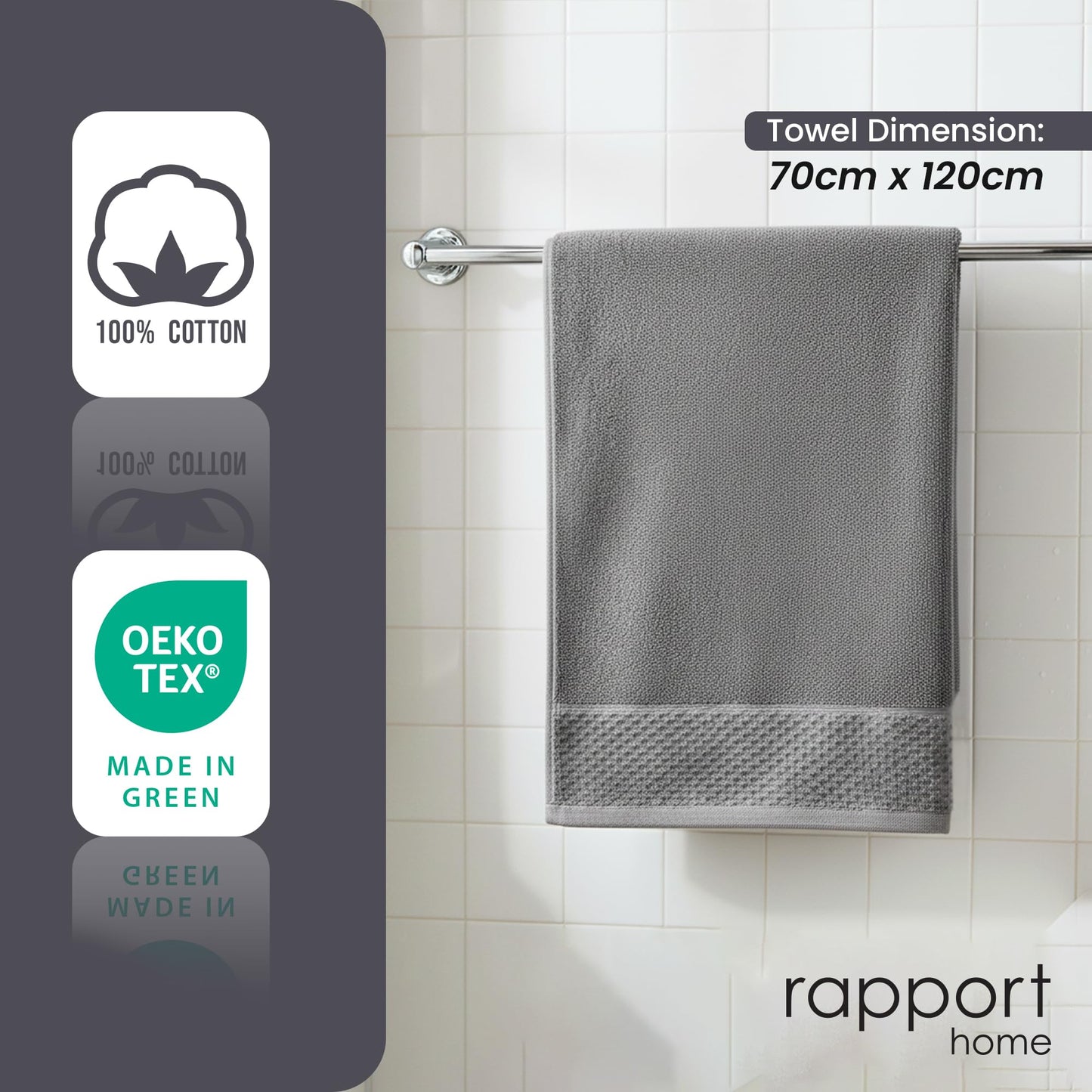 Rapport HomeEden Weave Bath Towels 2-Pack | Steel Grey, 70x120cm | 100% Cotton 500gsm | Oeko-Tex Made in Green & BCI Certified