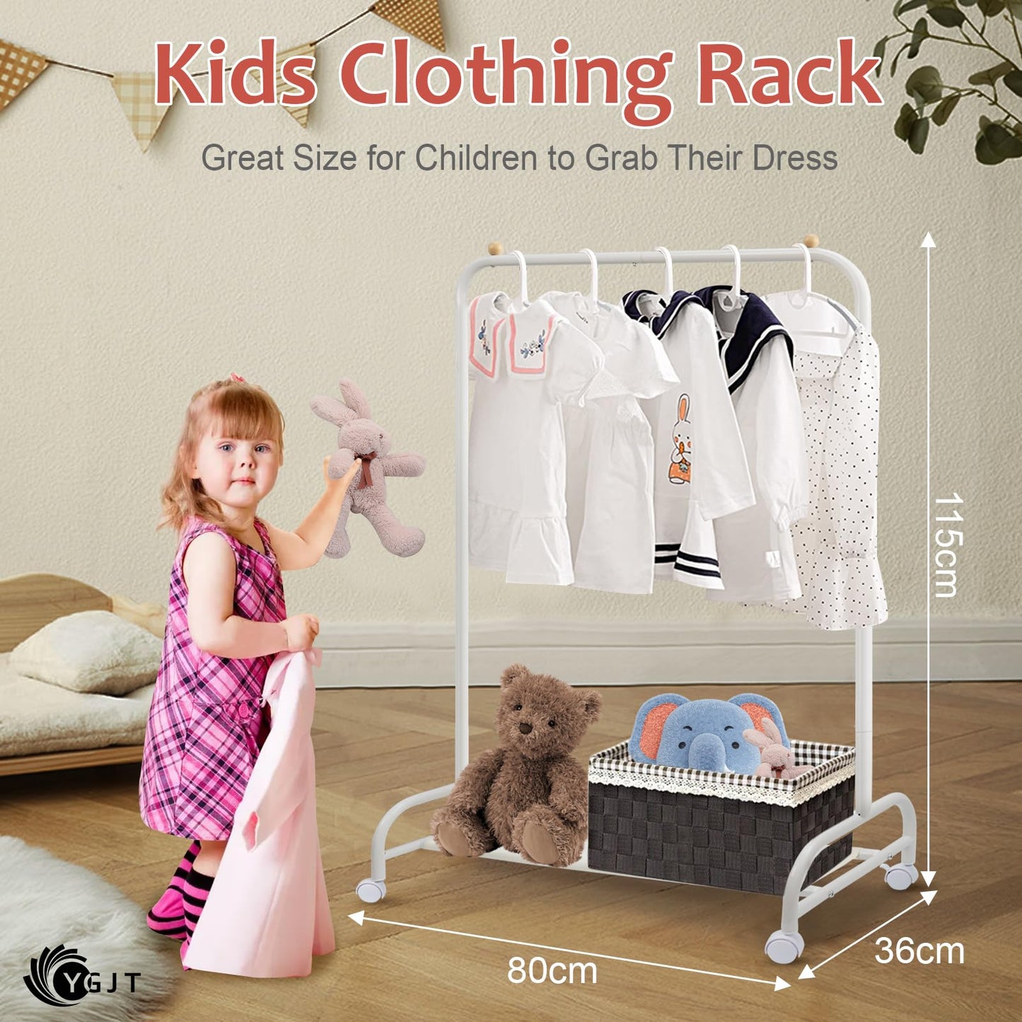 YGJT Kids Clothes Rail, Kids Clothes Rack Heavy Duty Clothe Rail on Wheels
