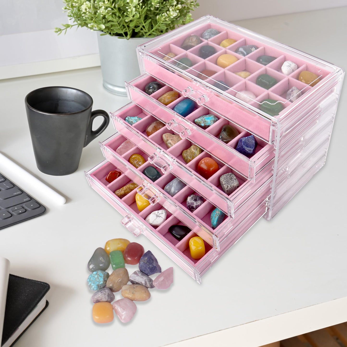 Dmnnlp Rock Display Case, 5 Drawers 90 Grids Acrylic Rock Collection Box, Storage Cases for Small Rocks Gemstone Fossil Crystal Stone Jewellery