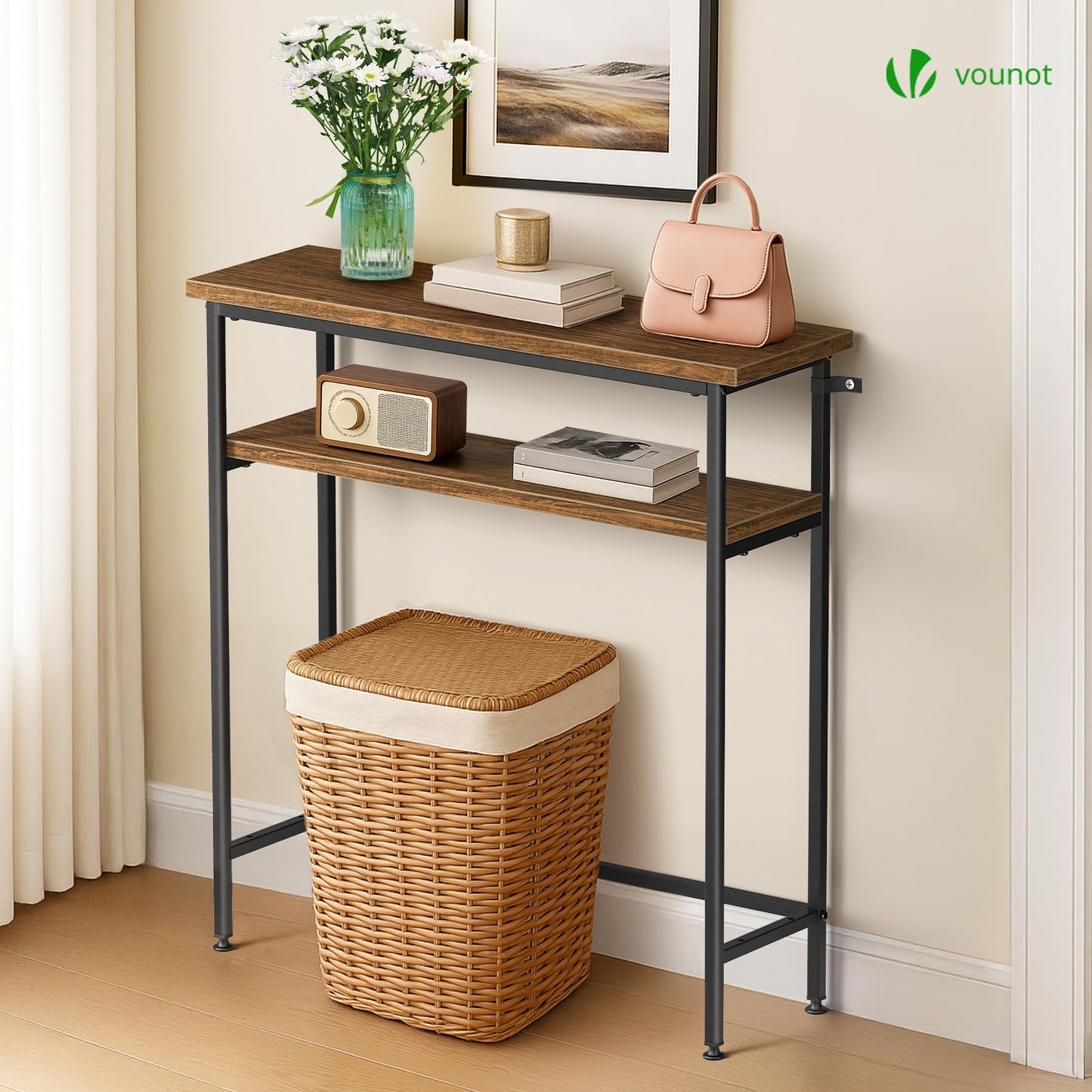 VOUNOT® Narrow Console Table, 2- Tier Slim Metal Frame Entryway Table, Small Sofa Side Table with Storage Shelf for Hallway, Living Room or Bedroom