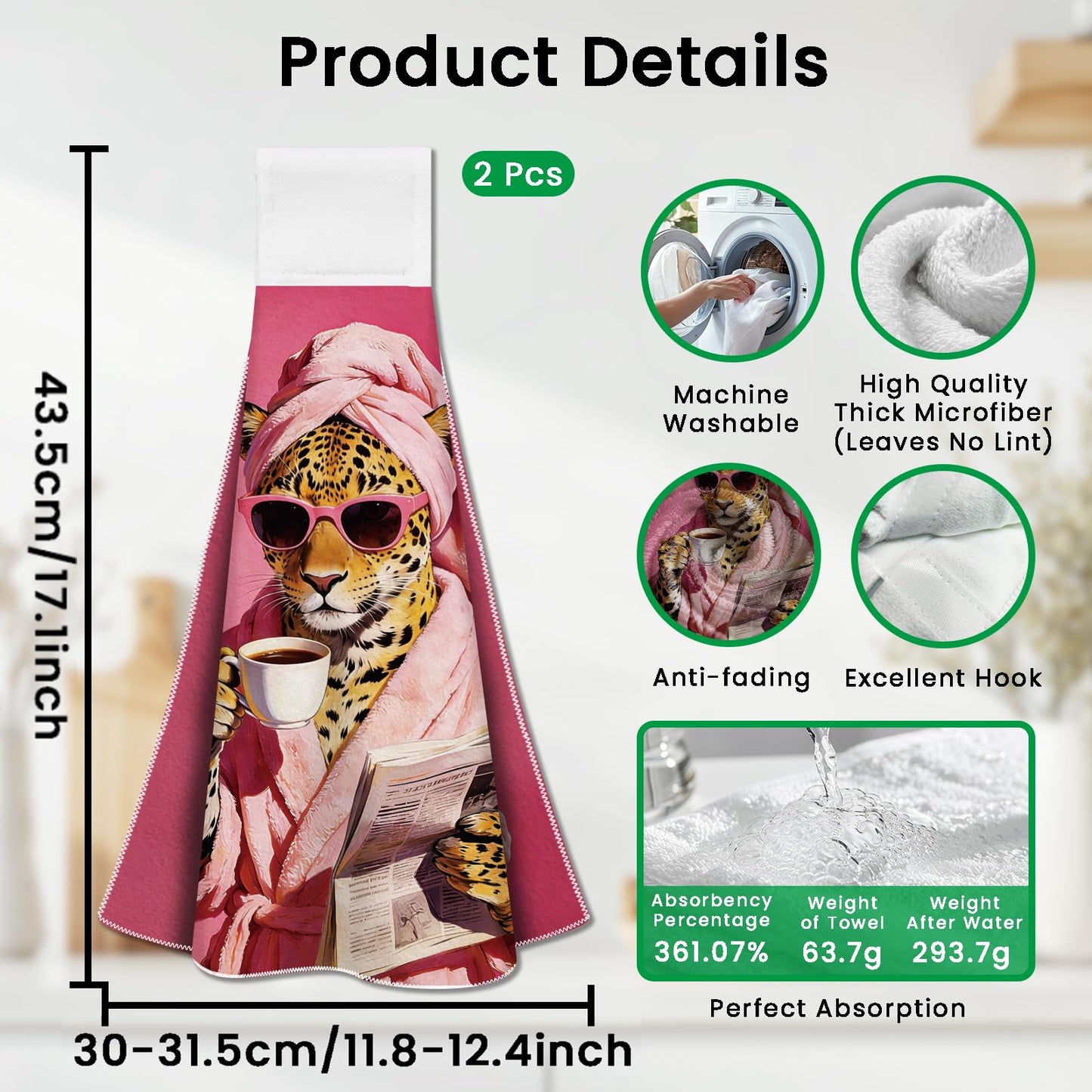 CUTHOLLOW 2 Pcs Pink Bathroom Leopard Hanging Kitchen Towels with Loop
