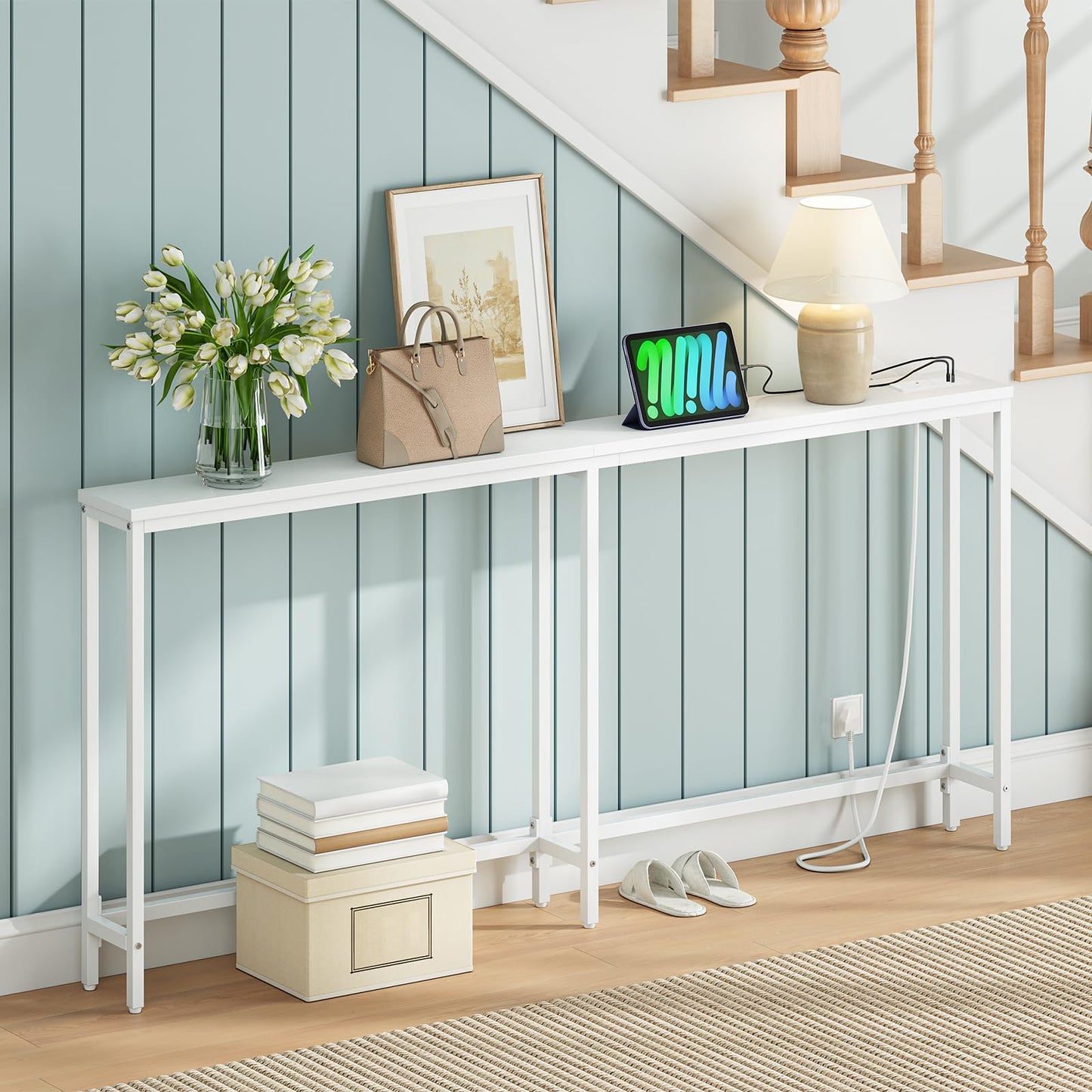 HOOBRO Narrow Console Table with Charging Station, 160 cm Behind Sofa Couch Table, Long Hallway Table, Slim Console Table for Hallway, Entryway