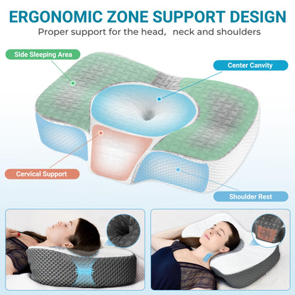 Elviros Cervical Memory Foam Neck Pillow for Side Sleeping, Orthopedic Pillows for Back and Stomach Sleepers, Adjustable Ergonomic Bed Pillow Pain
