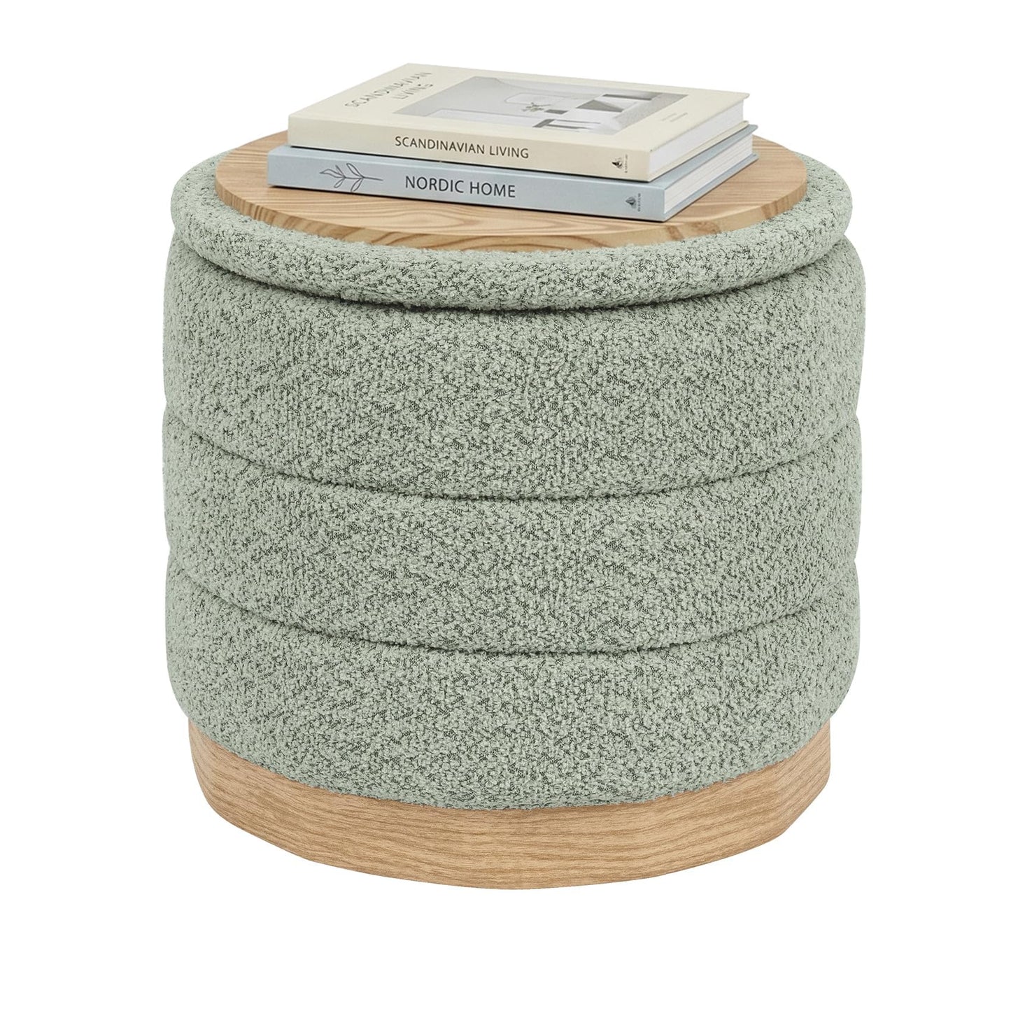 PINPLUS Round Chenille Storage Ottoman, Tray Top, 39x39x37 cm, Sage Green