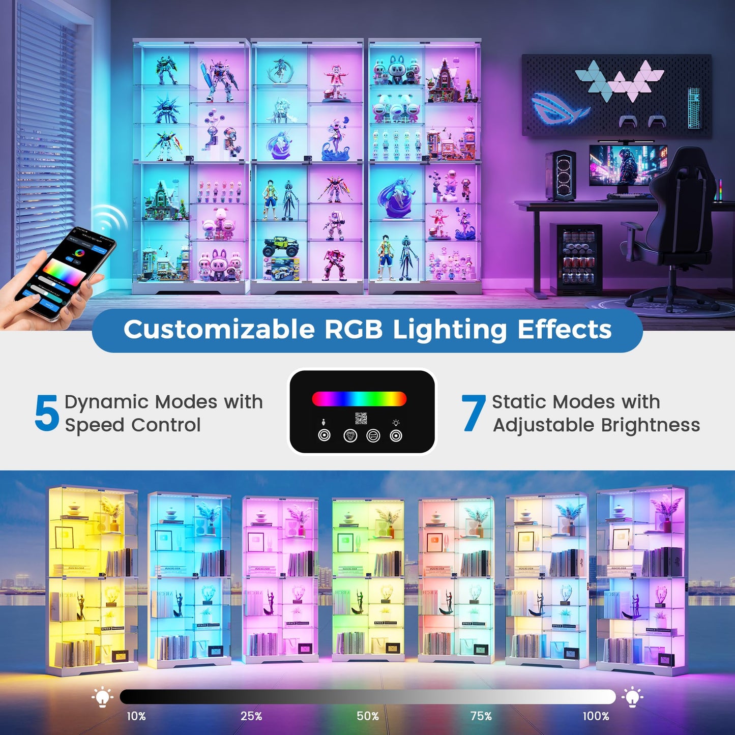 10-Tier Display Cabinets with RGB Lights Human Sensor for Collectibles