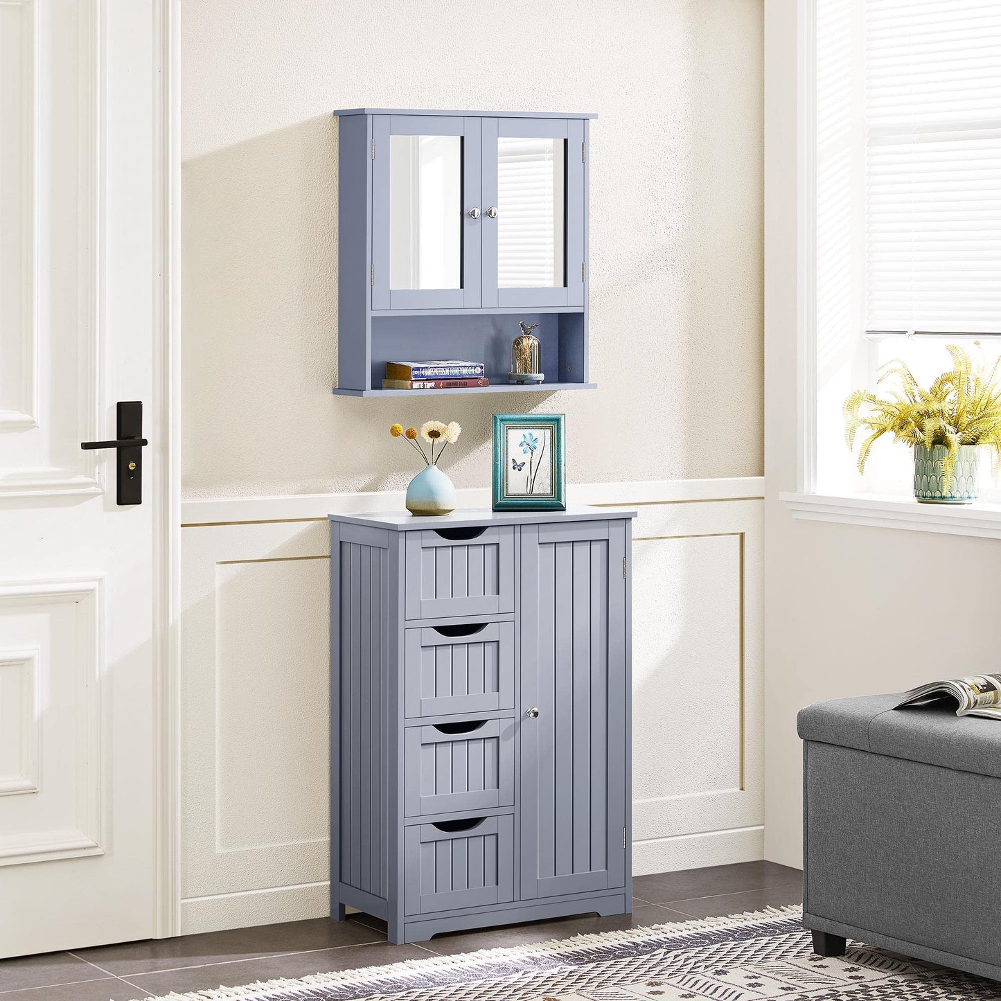 Yaheetech Bathroom Mirror Cabinet, 2 Doors & Open Shelf, Grey