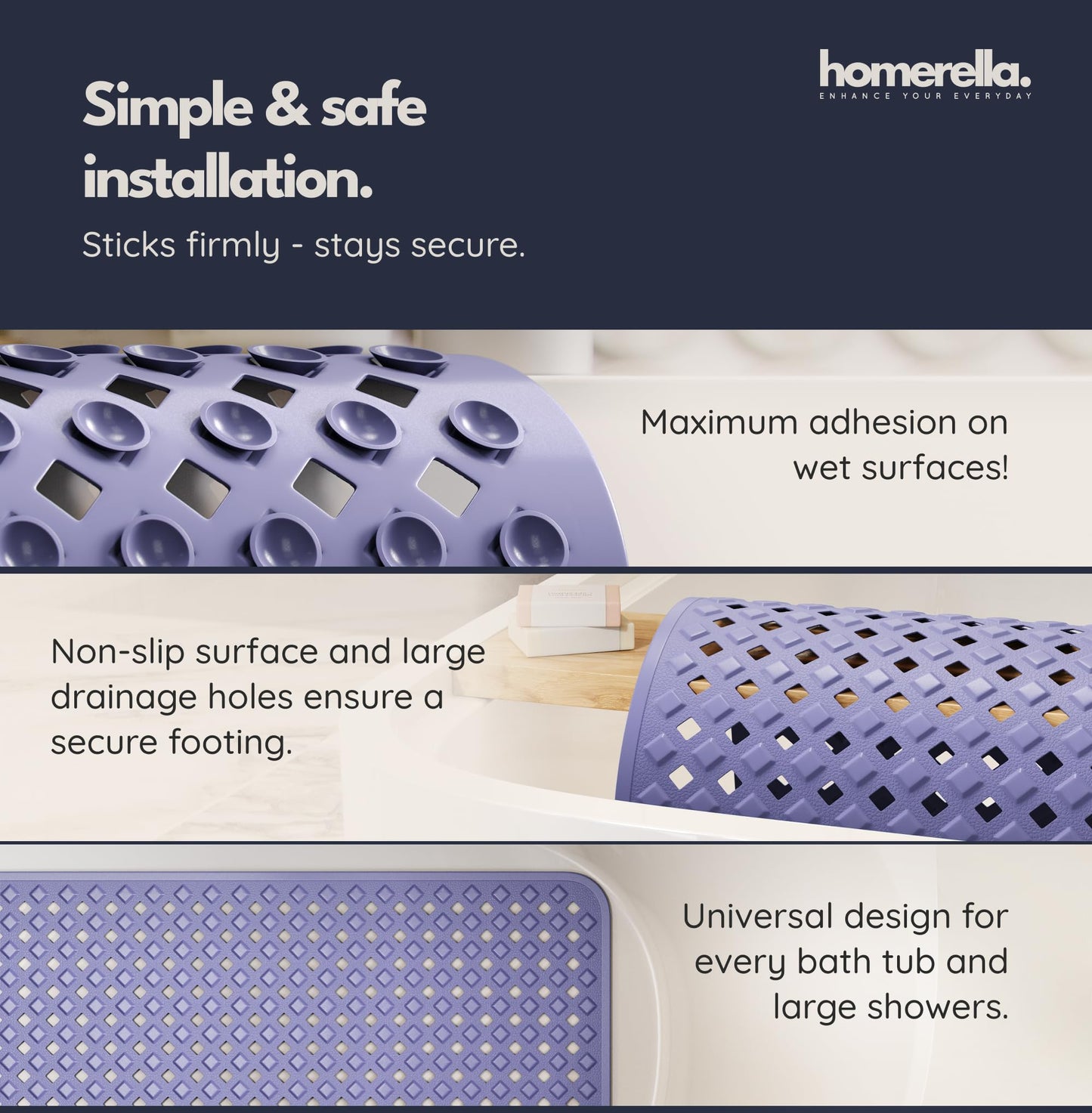 homerella Bath Mat Non Slip Anti Mould 88x39cm Shower Mat Non Slip Bath Mat