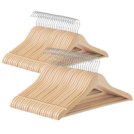 SONGMICS Wooden Hangers, Pack of 48, Coat Hangers, Non-Slip, Pants Bar, 360? Swivel Hooks, for Jackets, Shirts, Coats, Natural Beige CRW010N48