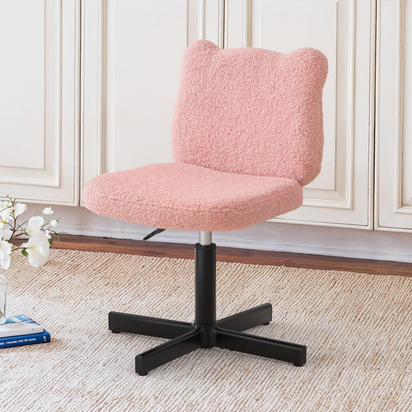 LUE BONA 360° Swivel Vanity Stool with Bear Ear Backrest, Height Adjustable Teddy Velvet Dressing Table Chair, Pink