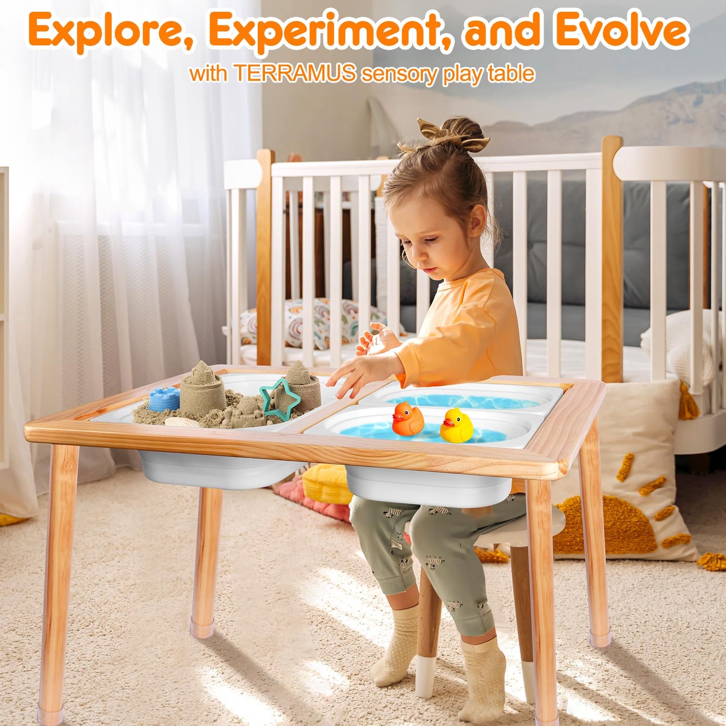TERRASMUS Children's Tables, Multifunctional Sensory Table, Play Sand and Water Table with 3 Storage Bins, Kid's Desk for Art, Drawing, Studying and